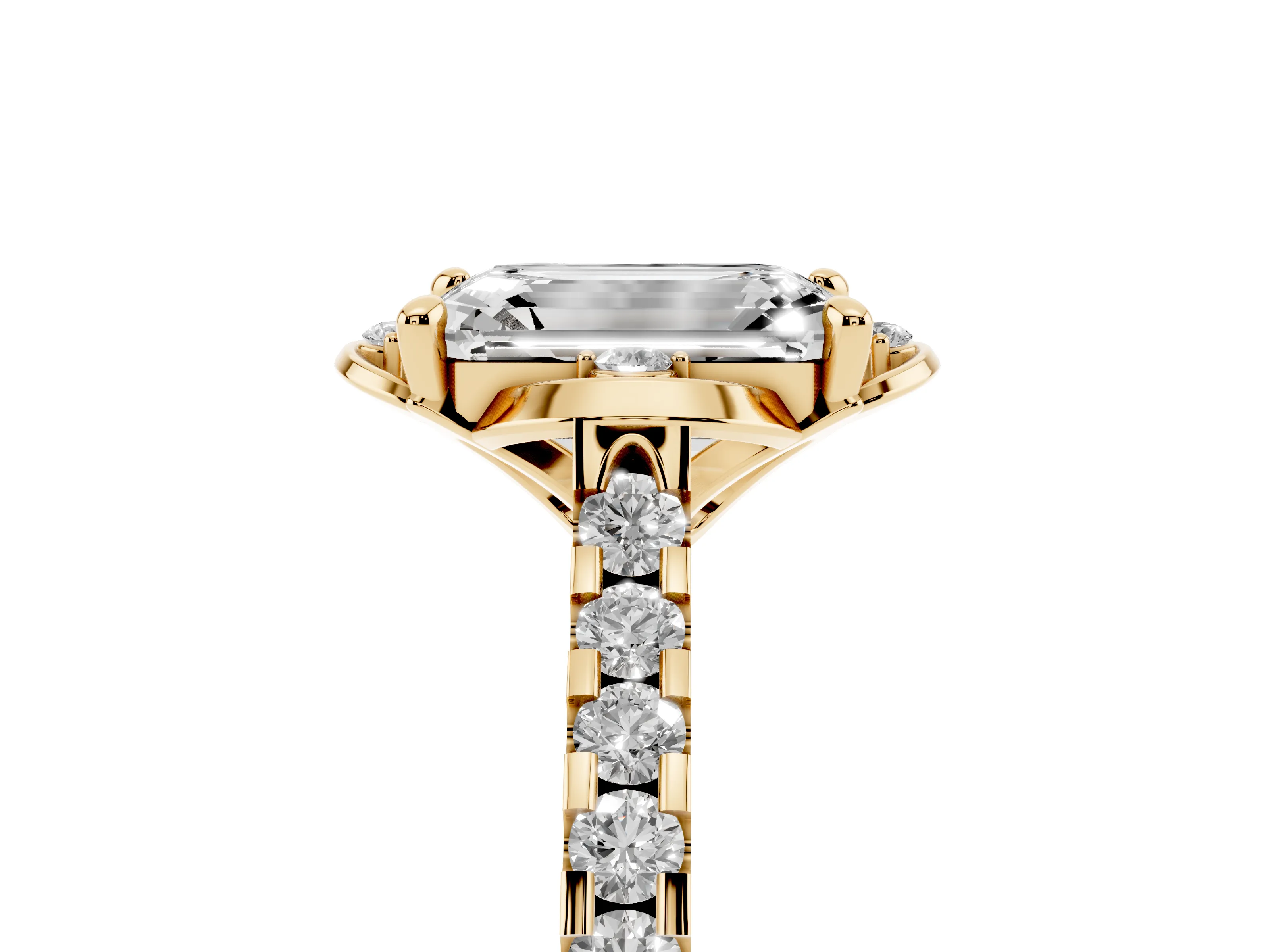 Emerald Cut Diamond Solitaire Ring Set in Yellow gold with Pavé Band and Floral Prong Setting