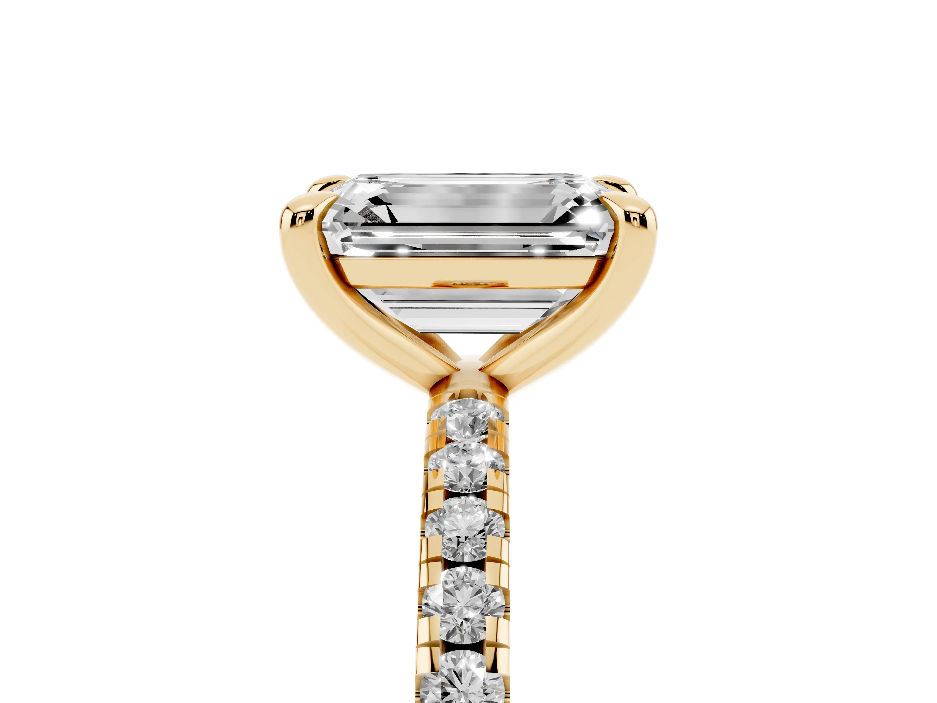 Emerald Cut Diamond Brilliant Solitaire Ring Set in Yellow gold with Pavé Band and Prong Setting