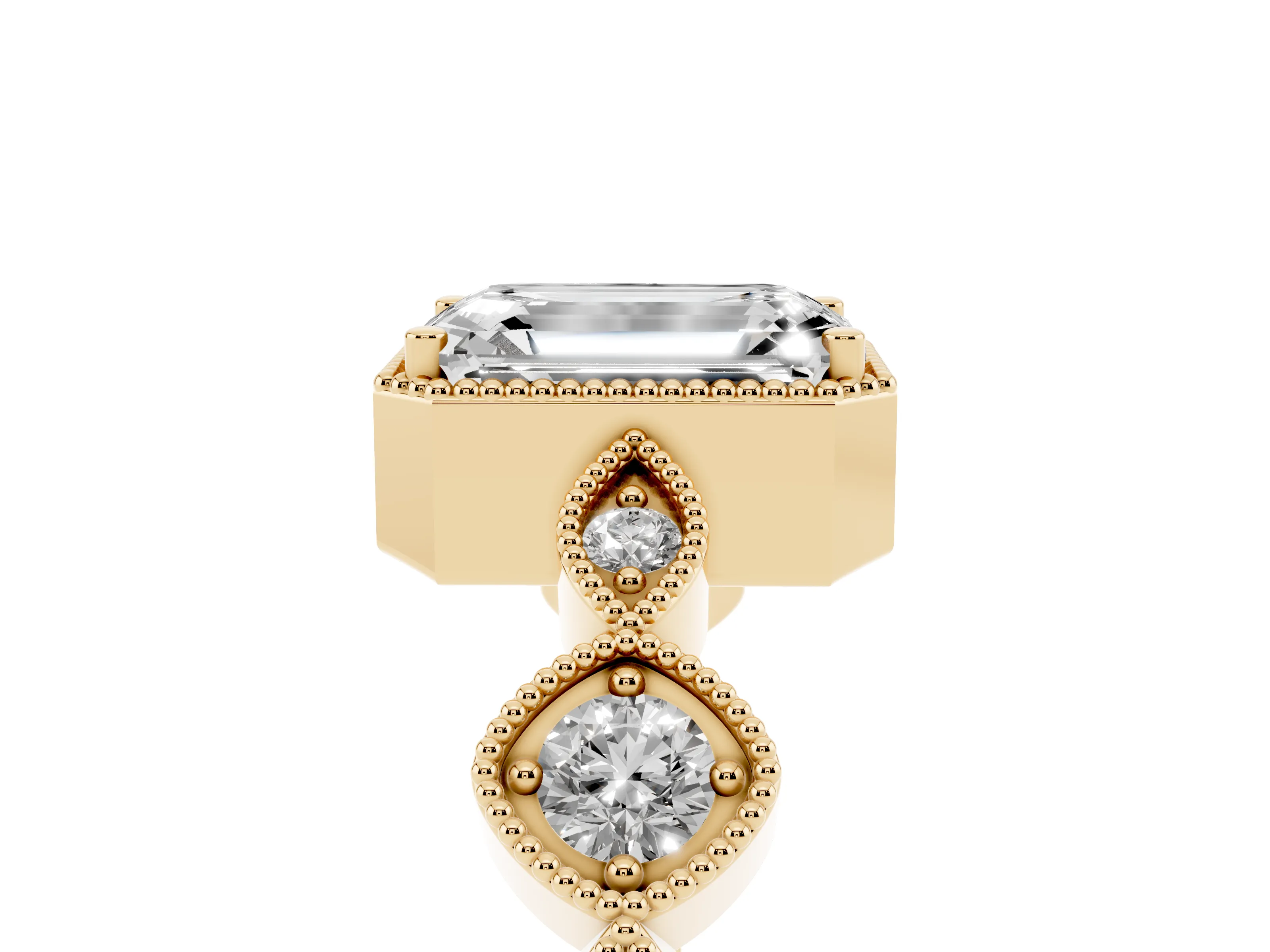Emerald Cut Diamond Vintage-Inspired Milgrain Ring Set in Yellow gold with Marquise Stations of Round Accents