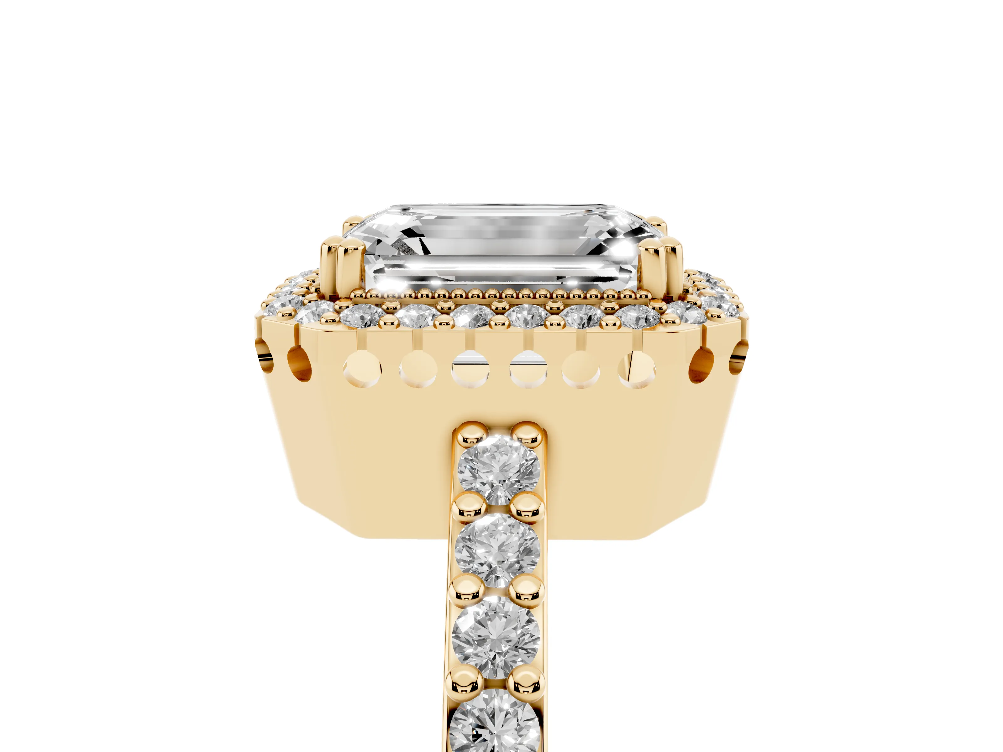 Emerald Cut Diamond Halo Engagement Ring Set in Yellow gold with Milgrain Detail and Pavé Band