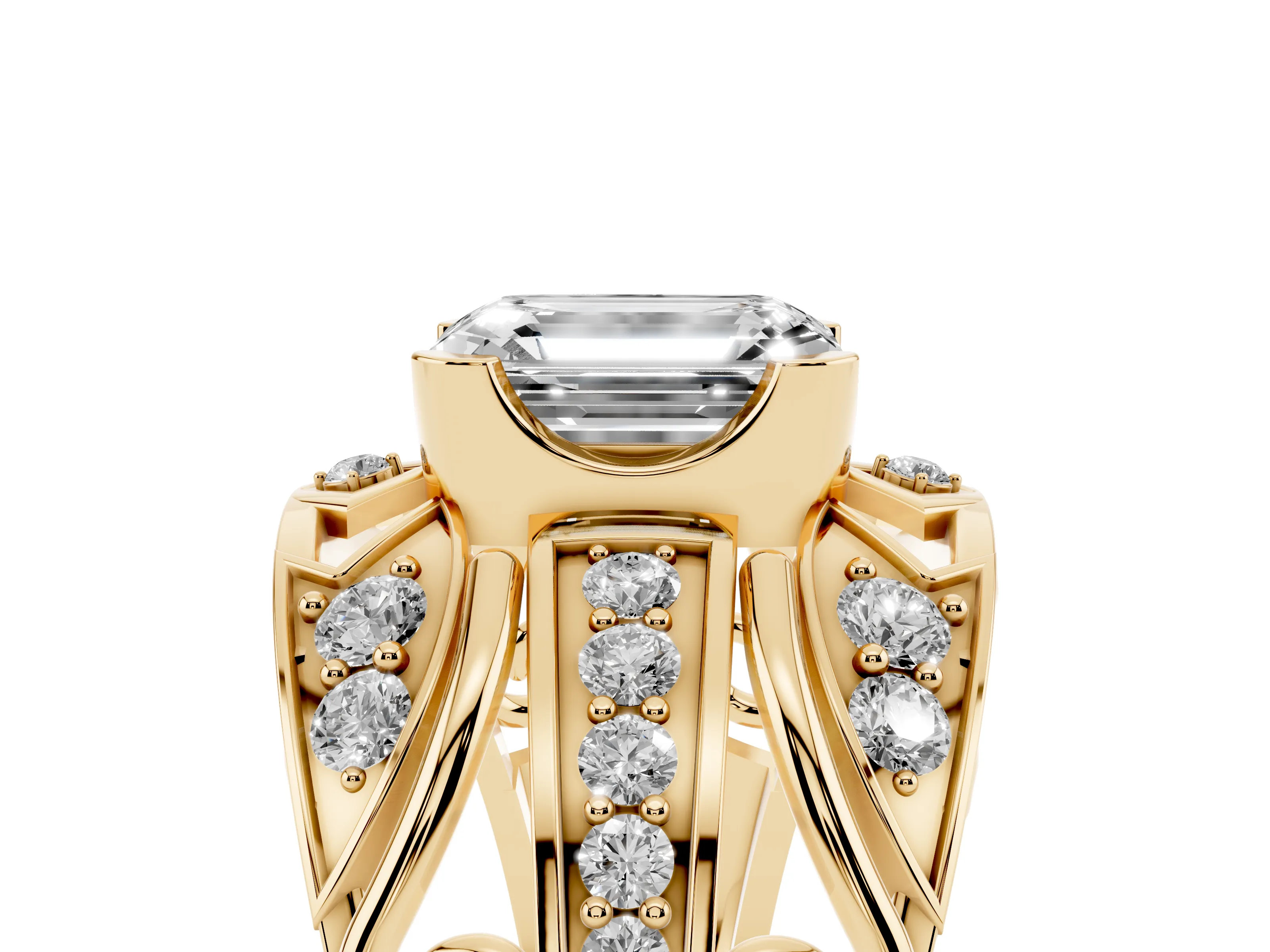 Emerald Cut Diamond Art Deco Ring Set in Yellow gold with Pavé Split Shank