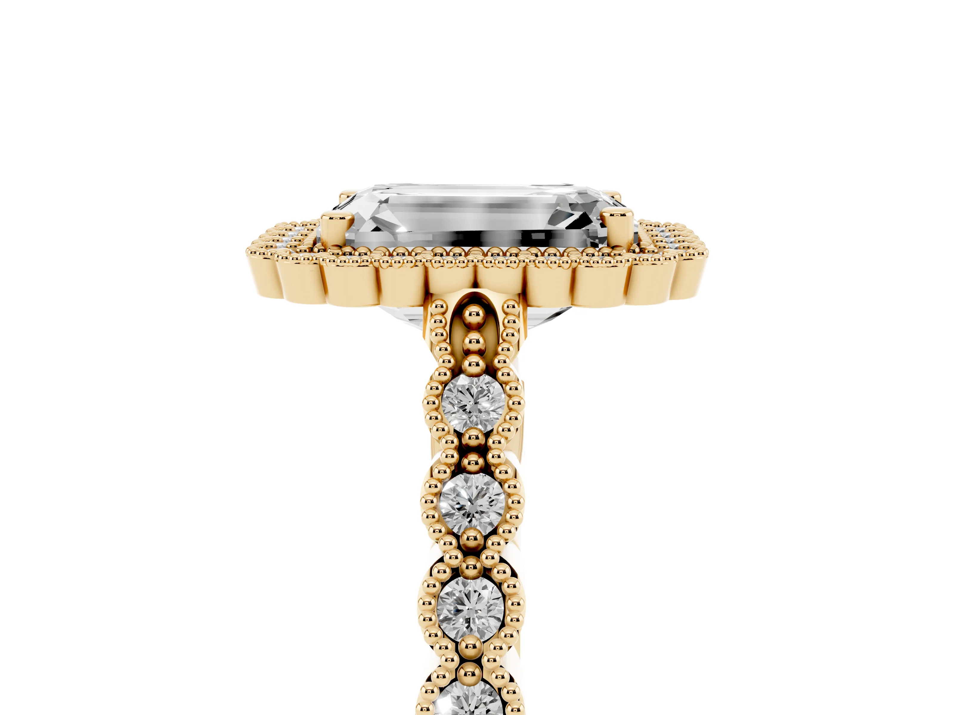 Emerald Cut Diamond Halo Ring Set in Yellow gold with Pavé Milgrain Band