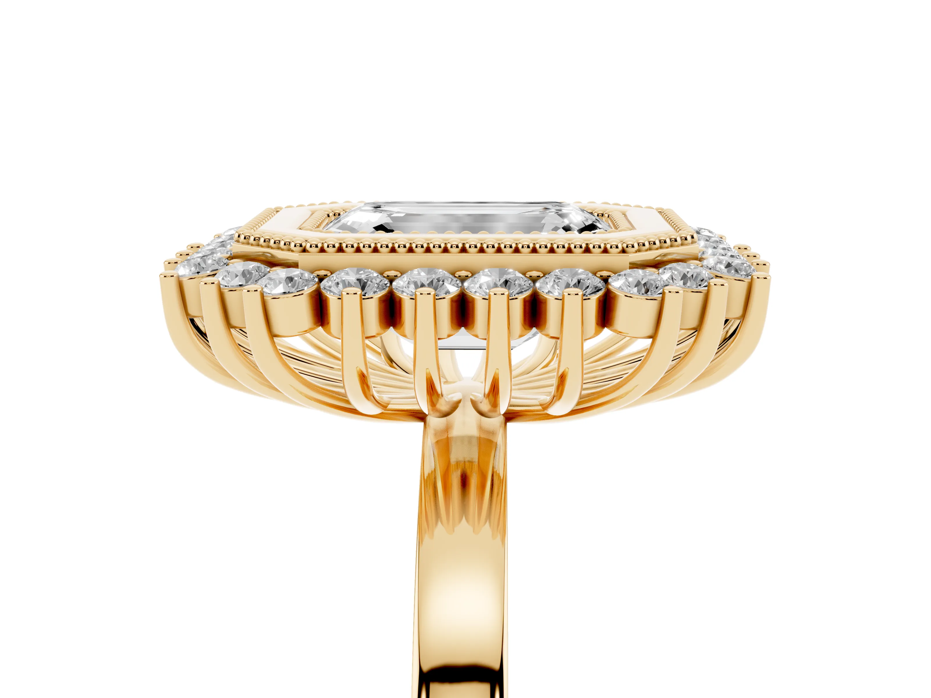 Emerald Cut Diamond Halo Ring Set in Yellow gold with Milgrain Edge and Round Prong Setting