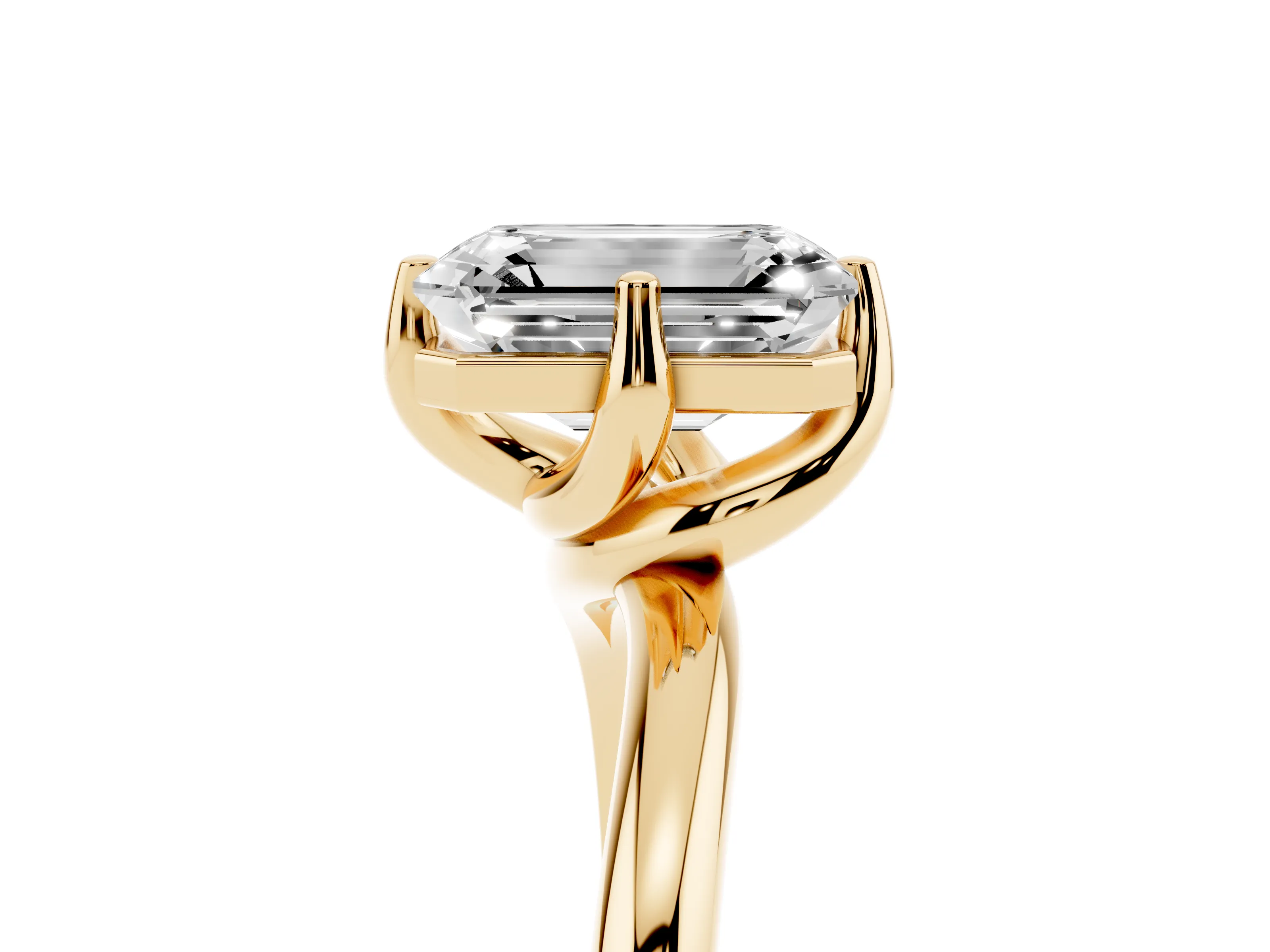 Emerald Cut Diamond Solitaire Engagement Ring Set in Yellow gold with Classic Plain Band