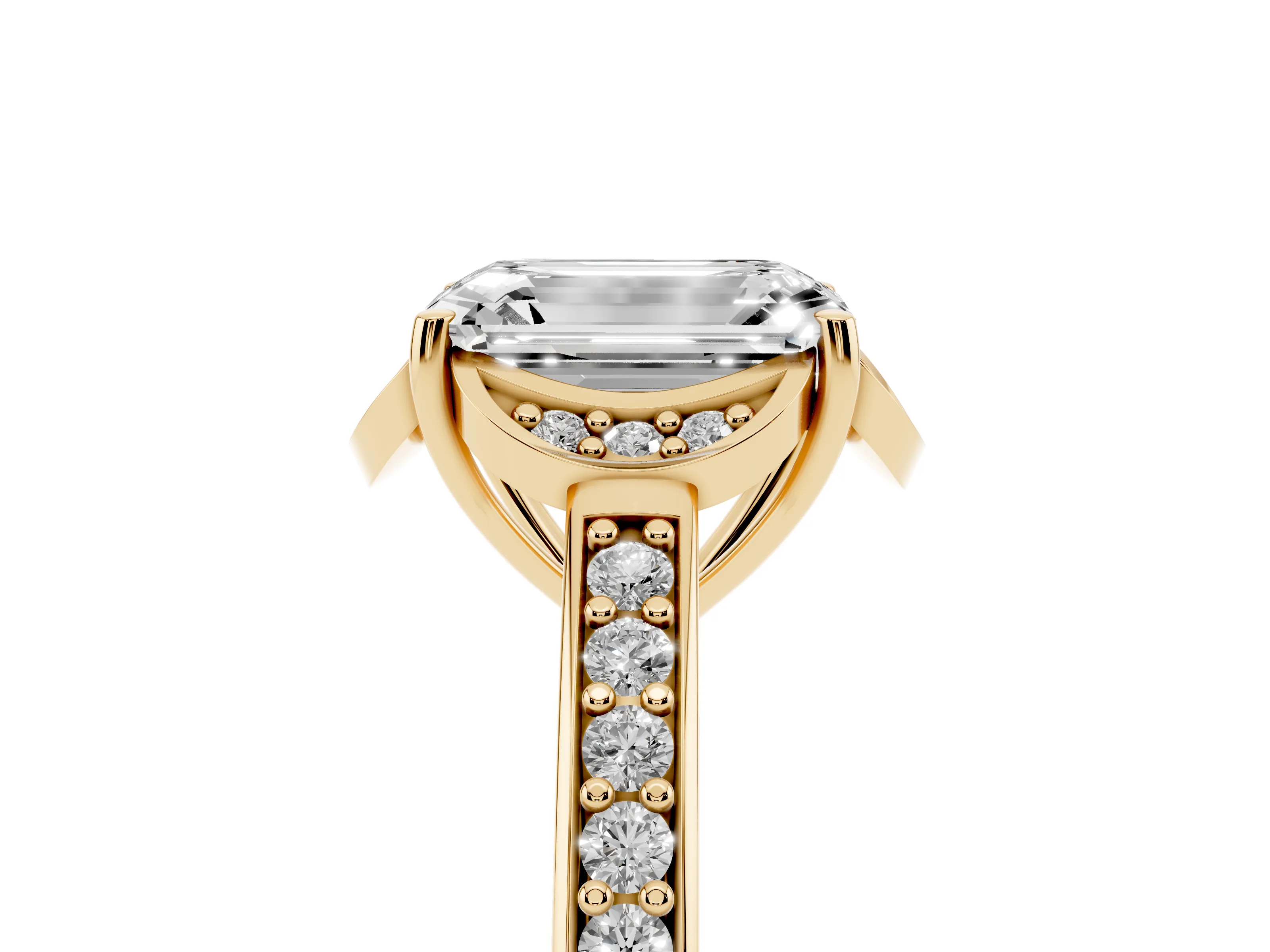 Emerald Cut Diamond Halo Ring Set in Yellow gold with Channel Set Band and Prong Setting