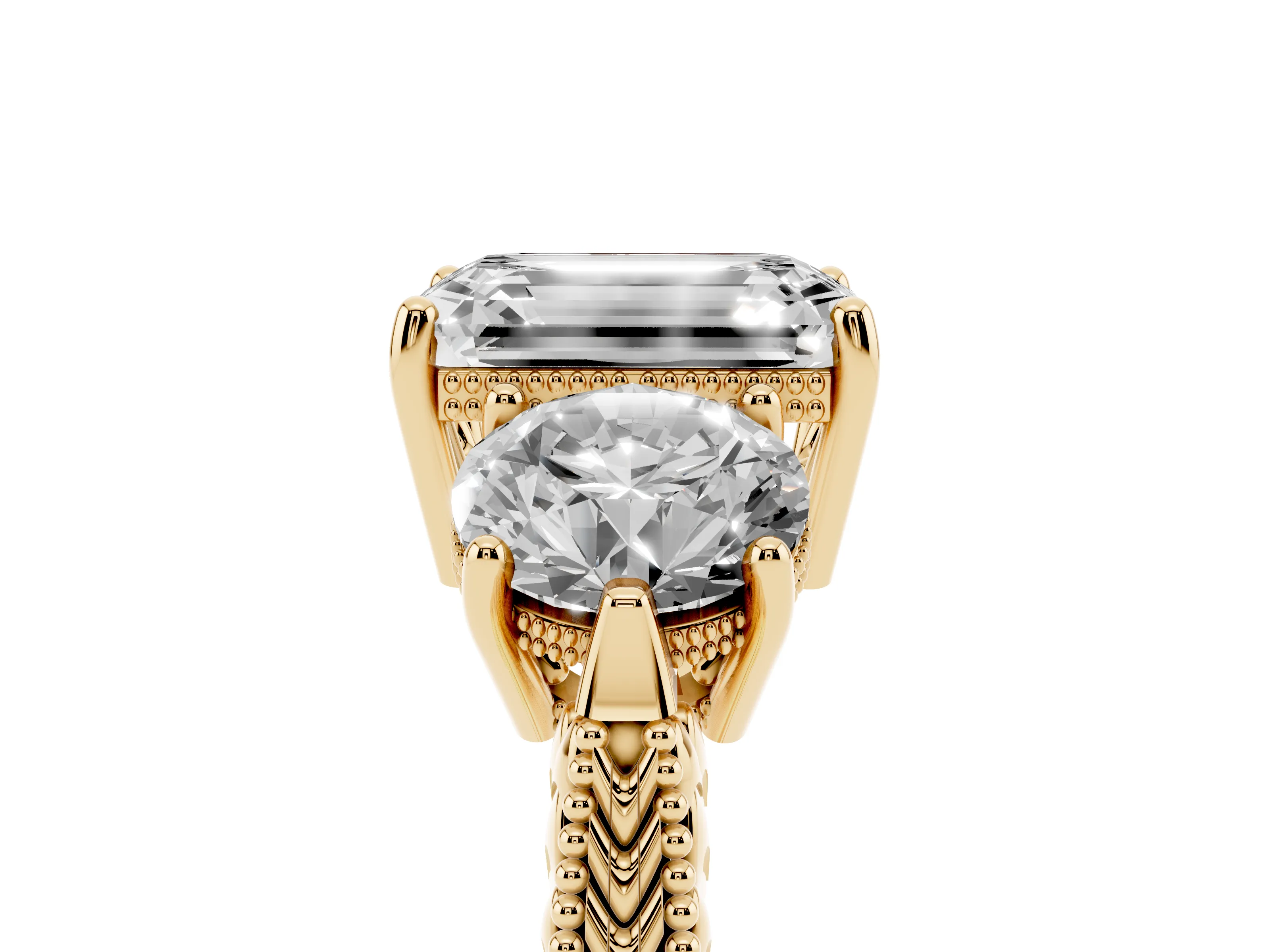 Emerald Cut Diamond Three-Stone Ring Set in Yellow gold with Milgrain Band