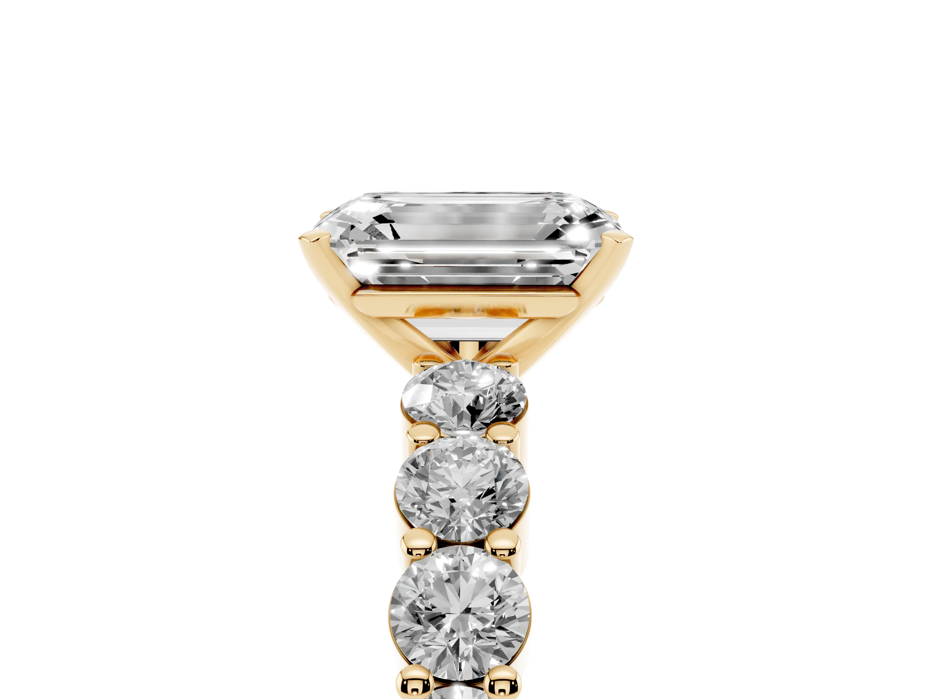 Emerald Cut Diamond Solitaire Ring Set in Yellow gold with Shared Prong Round Side Stones