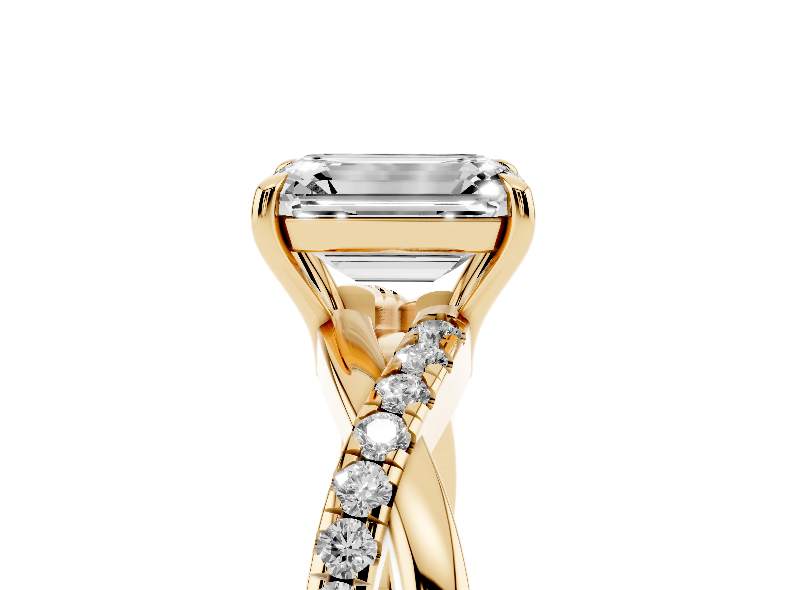 Emerald Cut Diamond Twisted Pavé Band Ring Set in Yellow gold with Prong Setting
