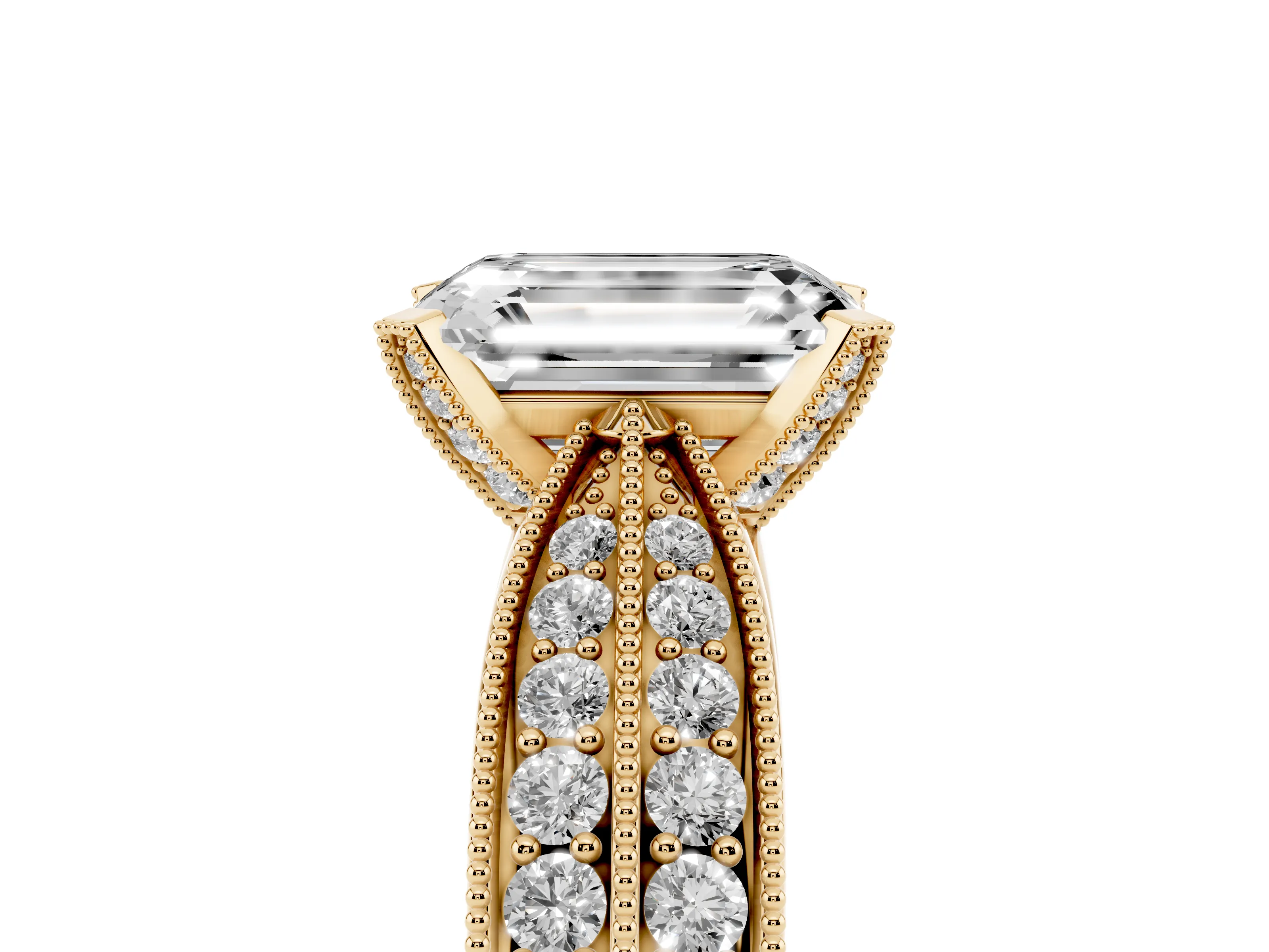 Emerald Cut Diamond Solitaire Ring Set in Yellow gold with Milgrain Double Row Round Pavé Band