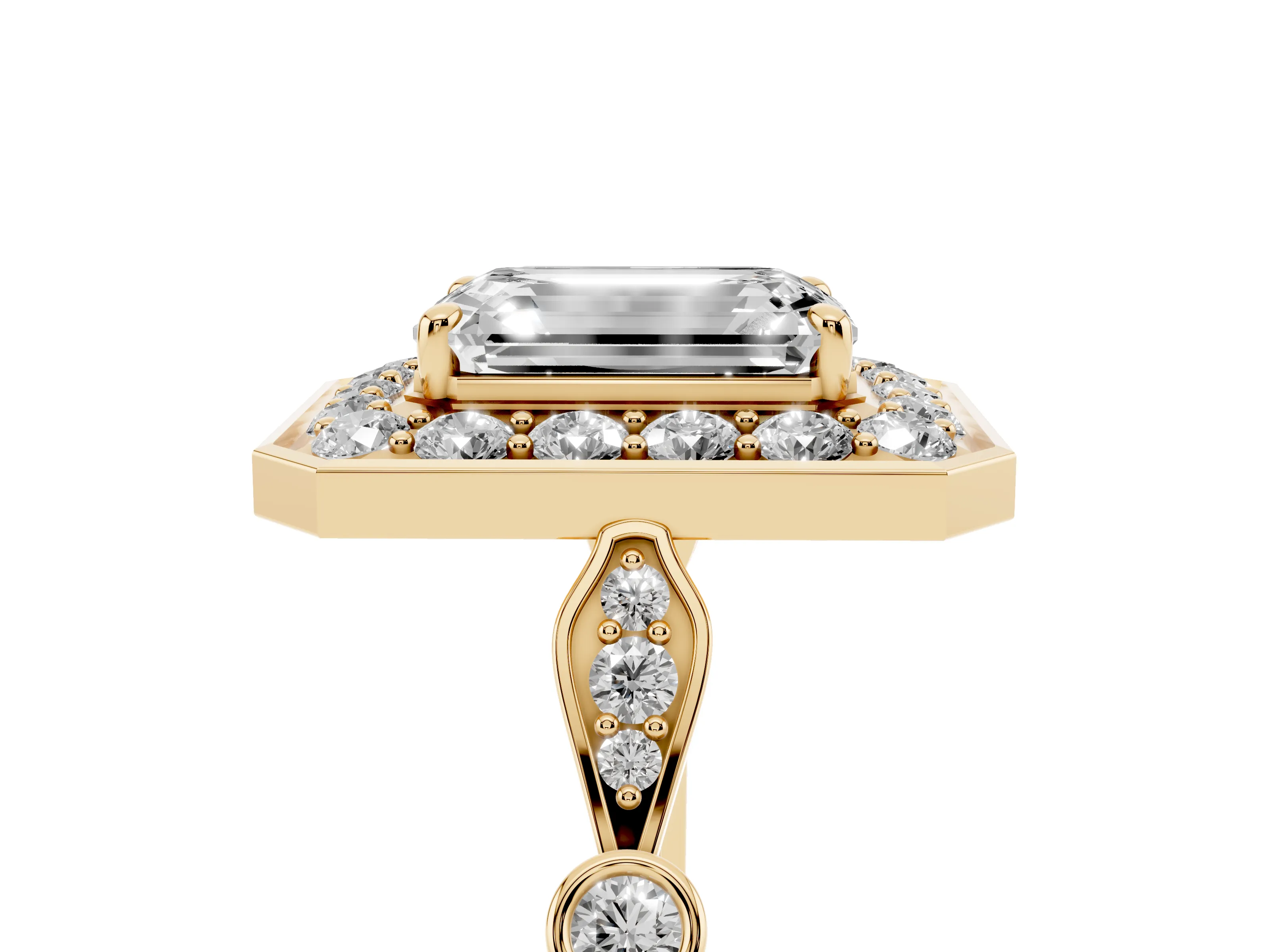 Emerald Cut Diamond Halo Engagement Ring Set in Yellow gold with Twisted Band and Prong Setting