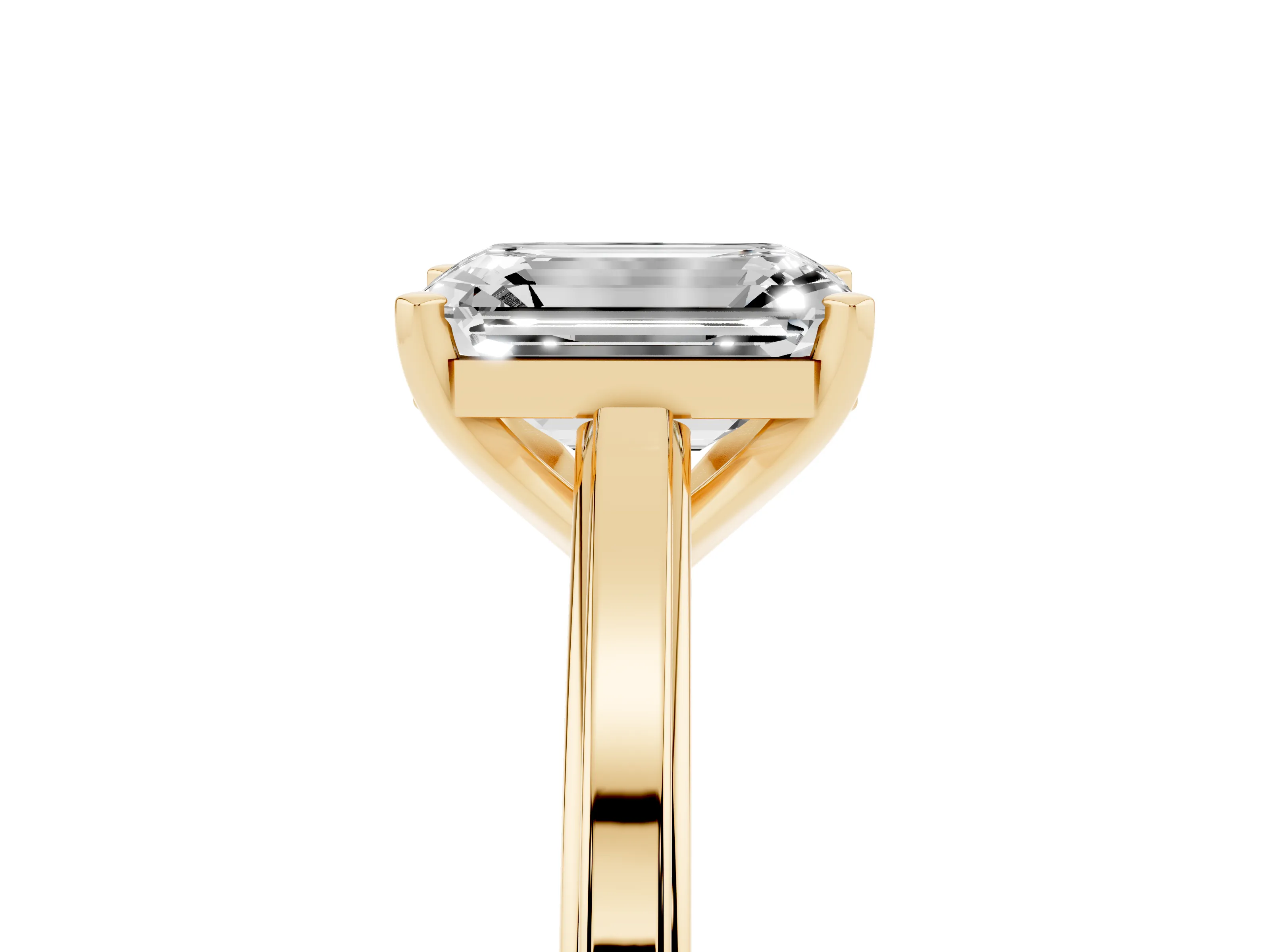 Emerald Cut Diamond Solitaire Ring Set in Yellow gold with Prong Setting and Classic Band