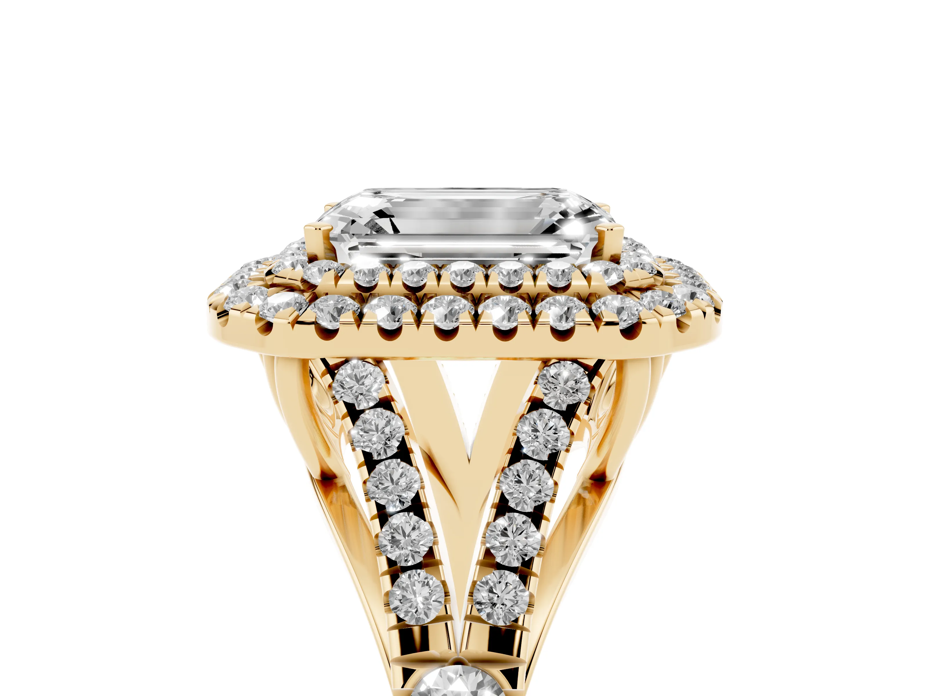 Emerald Cut Diamond Pavé Split Shank Double Halo Engagement Ring Set in Yellow gold