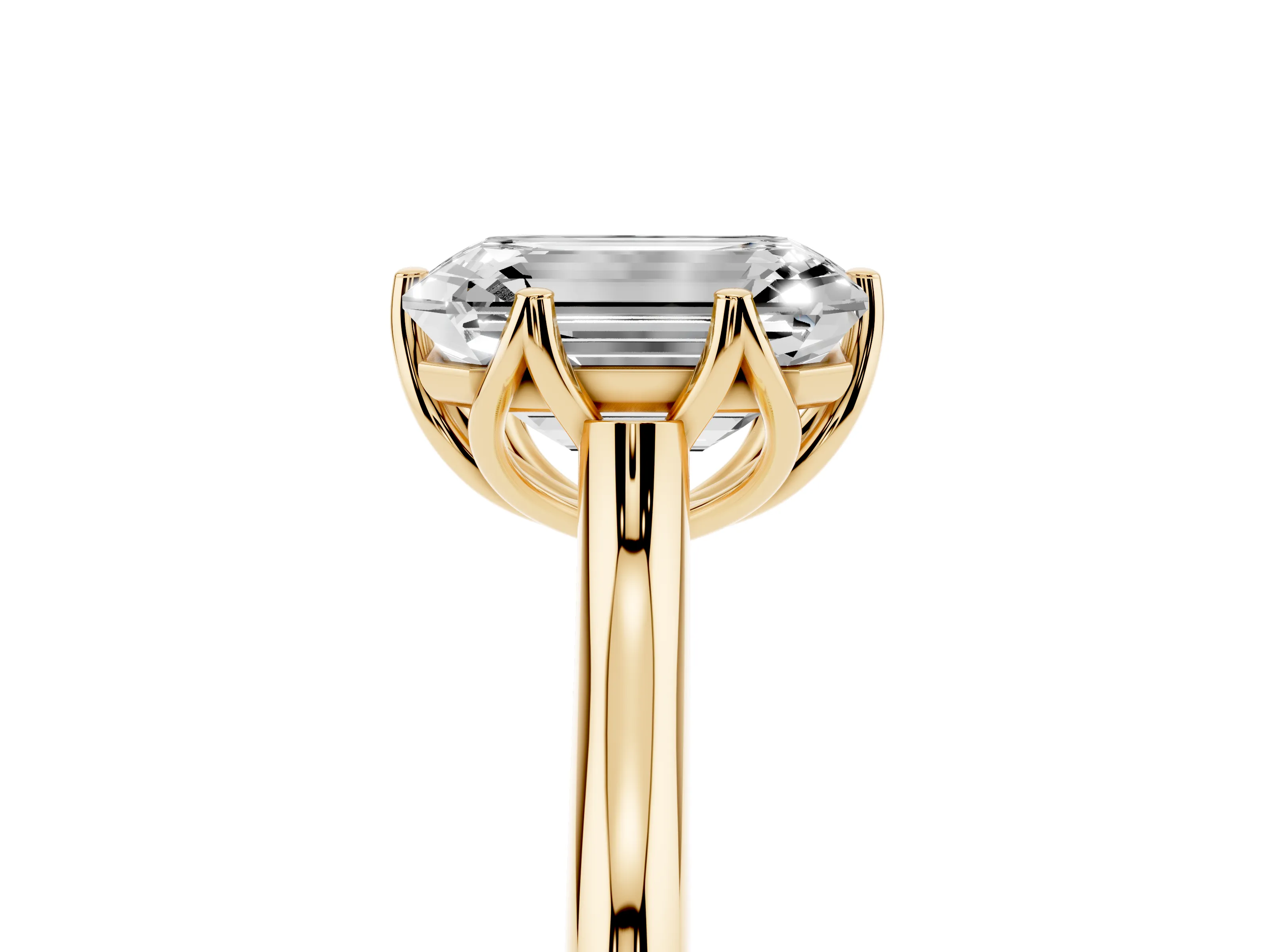 Emerald Cut Diamond Solitaire Cathedral Ring Set in Yellow gold with Prong Setting