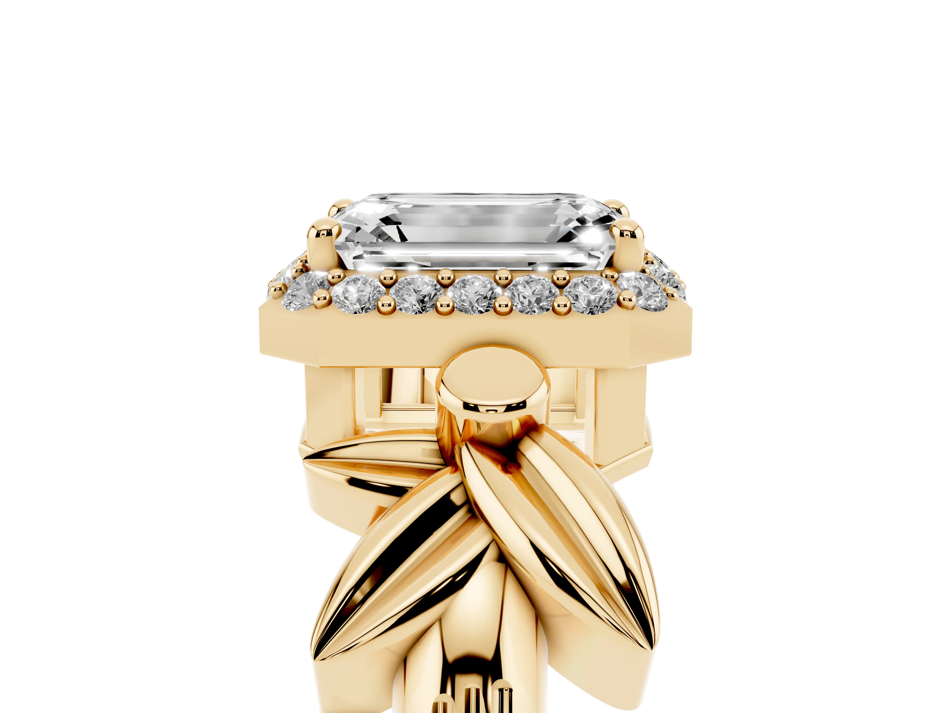 Emerald Cut Diamond Halo Floral Band Ring Set in Yellow gold with Prong Setting