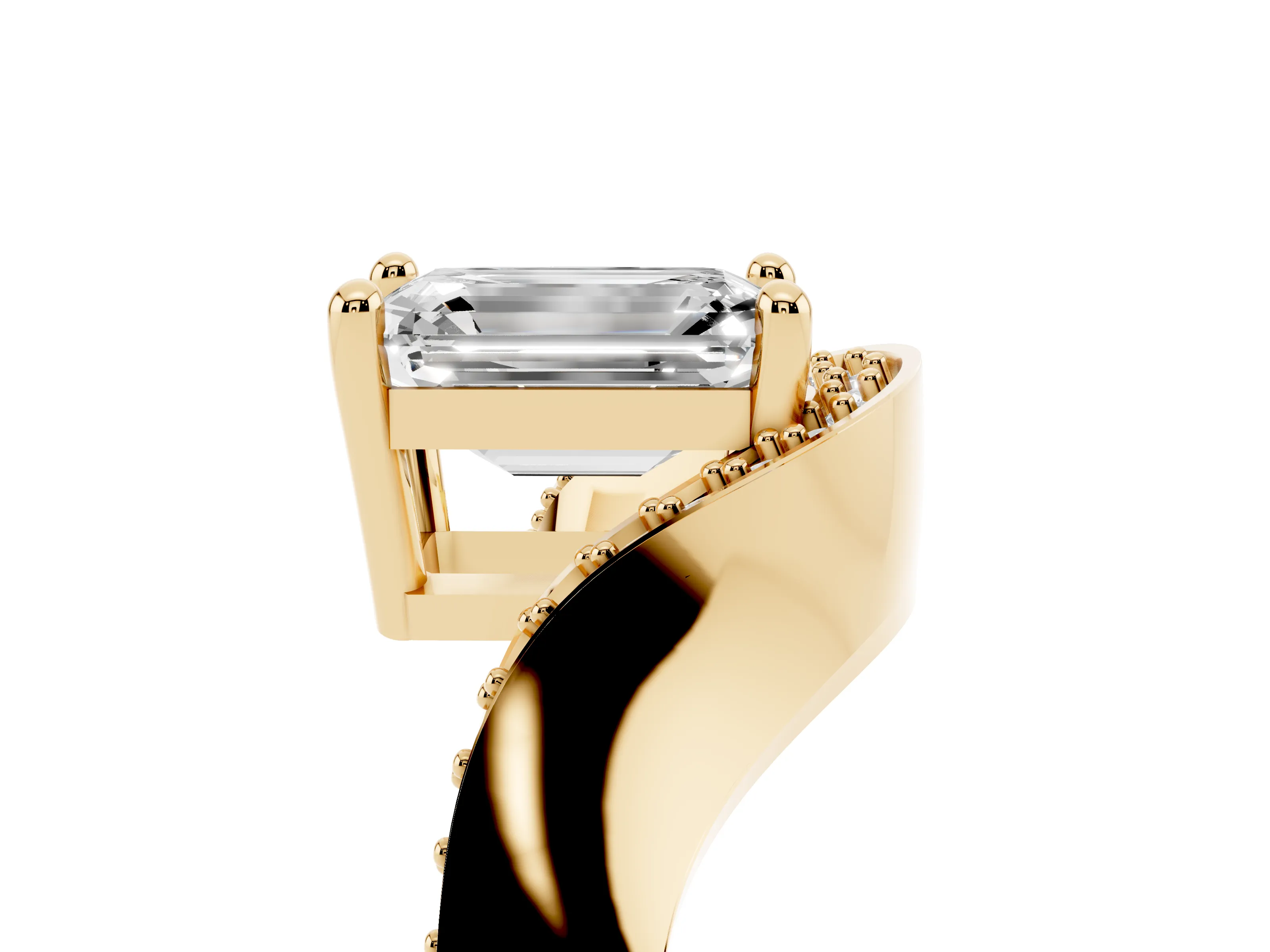 Emerald Cut Diamond Solitaire Engagement Ring Set in Yellow gold with Pavé Shoulders