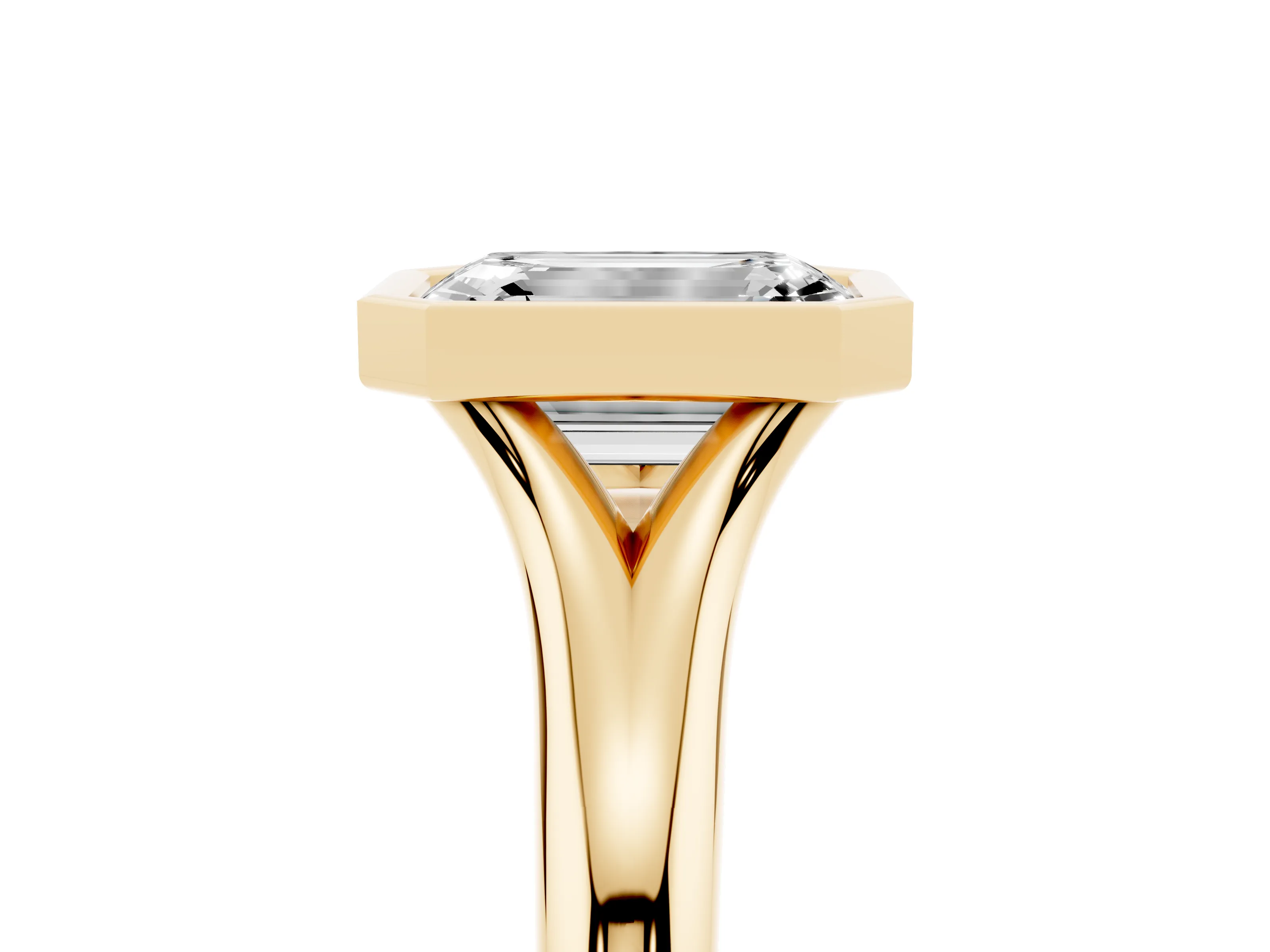 Bezel Set Emerald Cut Diamond Solitaire Ring Set in Yellow gold with Smooth Band