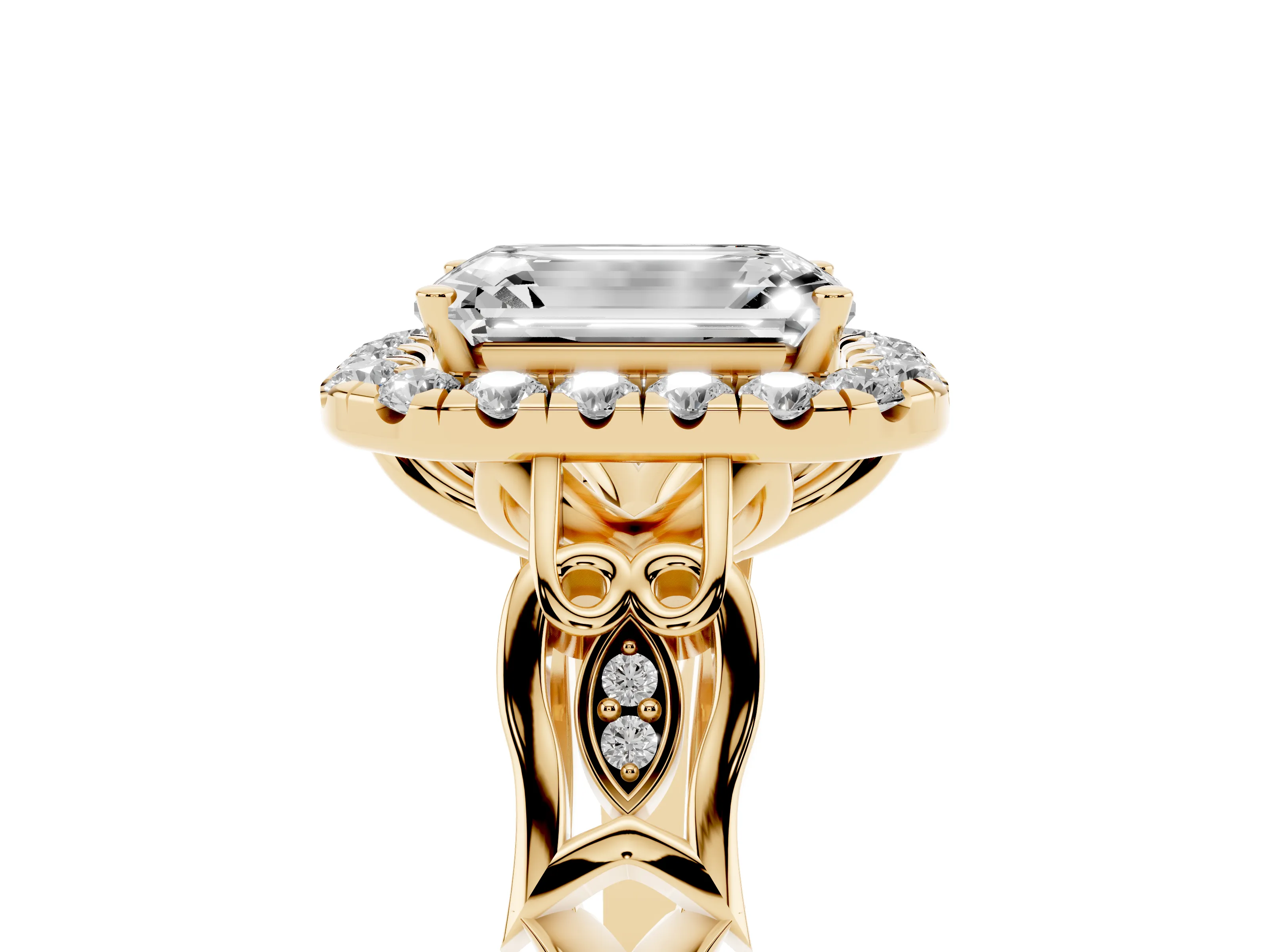 Emerald Cut Diamond Halo Engagement Ring Set in Yellow gold with Filigree Band and Prong-Set Center