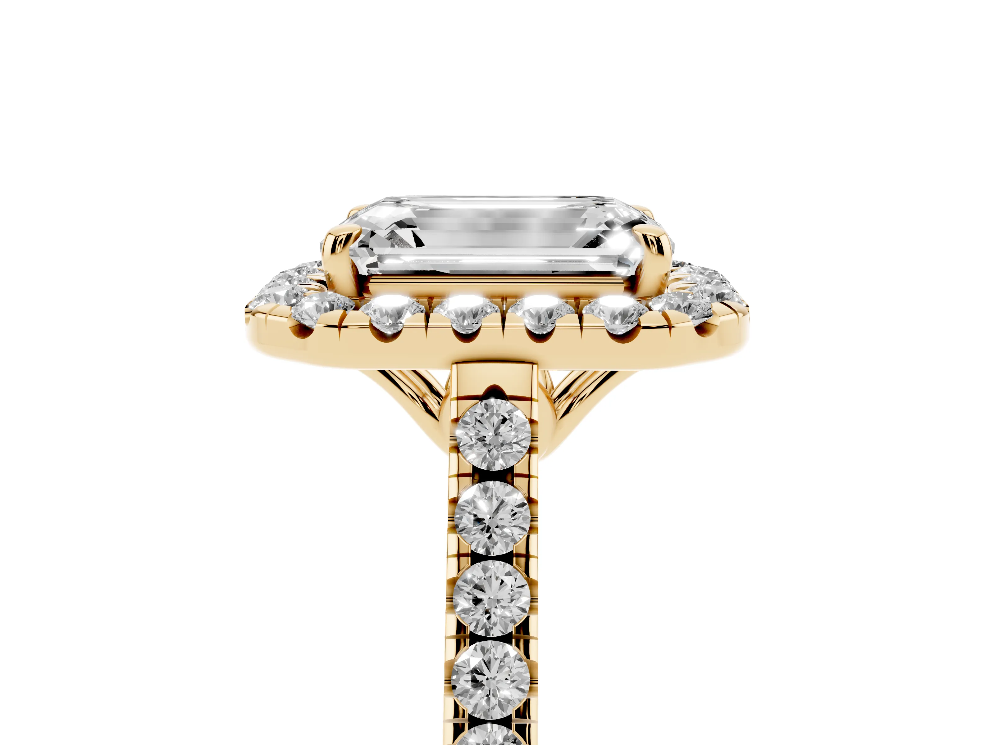 Emerald Cut Diamond Pavé Halo Engagement Ring Set in Yellow gold with Pavé Band and Prong Setting