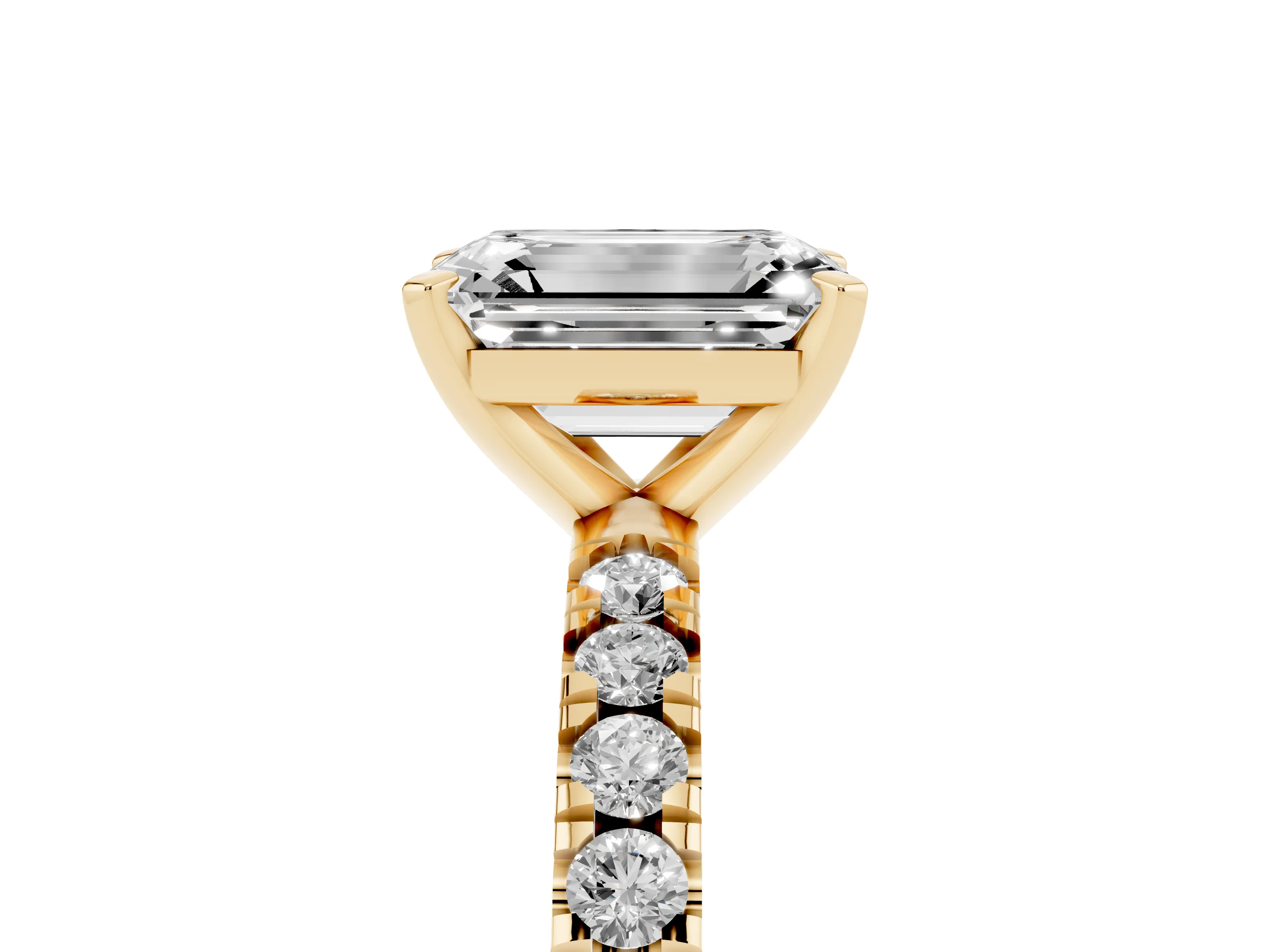 Emerald Cut Diamond Pavé Band Solitaire Set in Yellow gold with Prong Setting