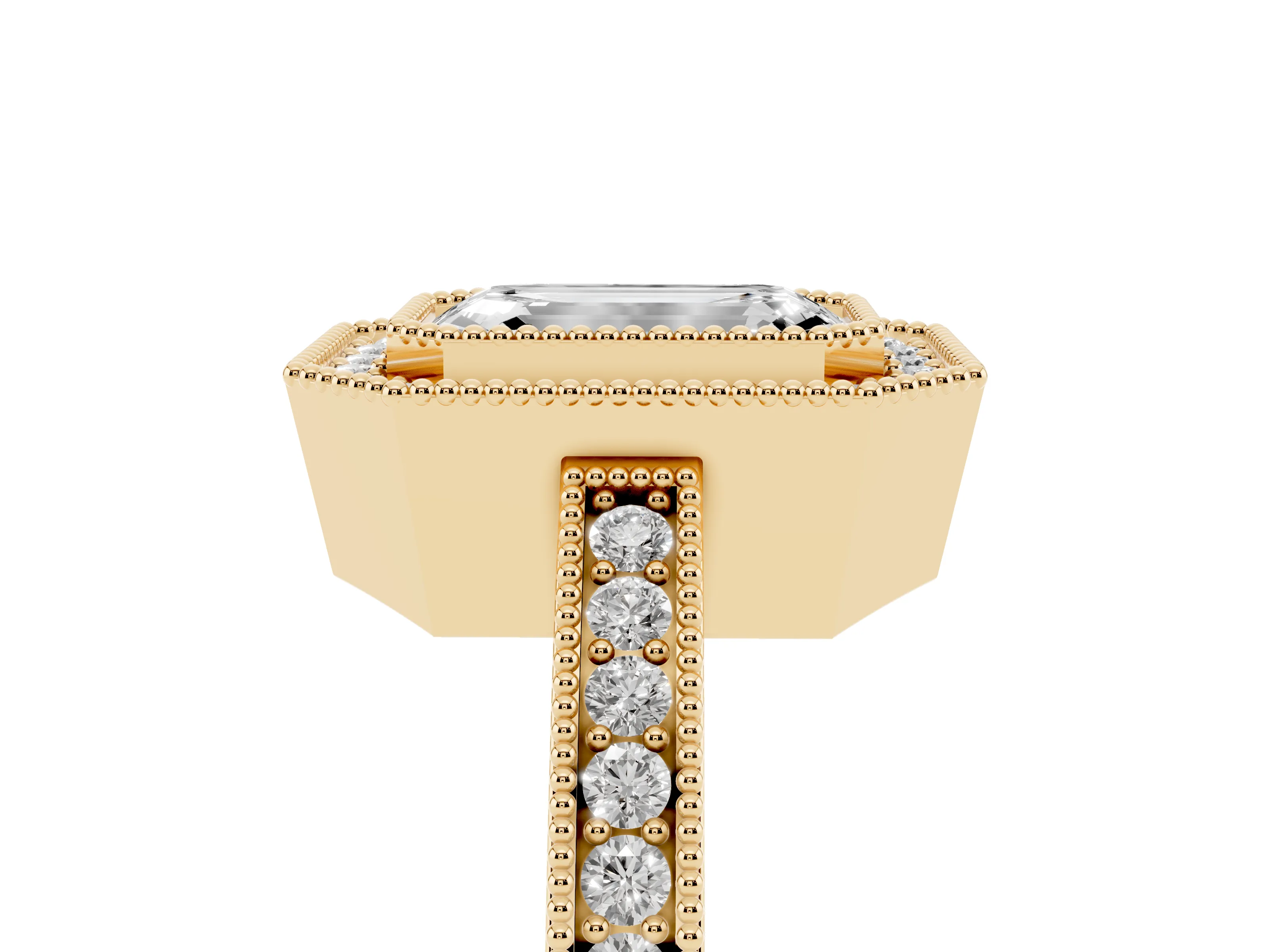 Emerald Cut Diamond Round Halo Ring Set in Yellow gold with Pavé Band