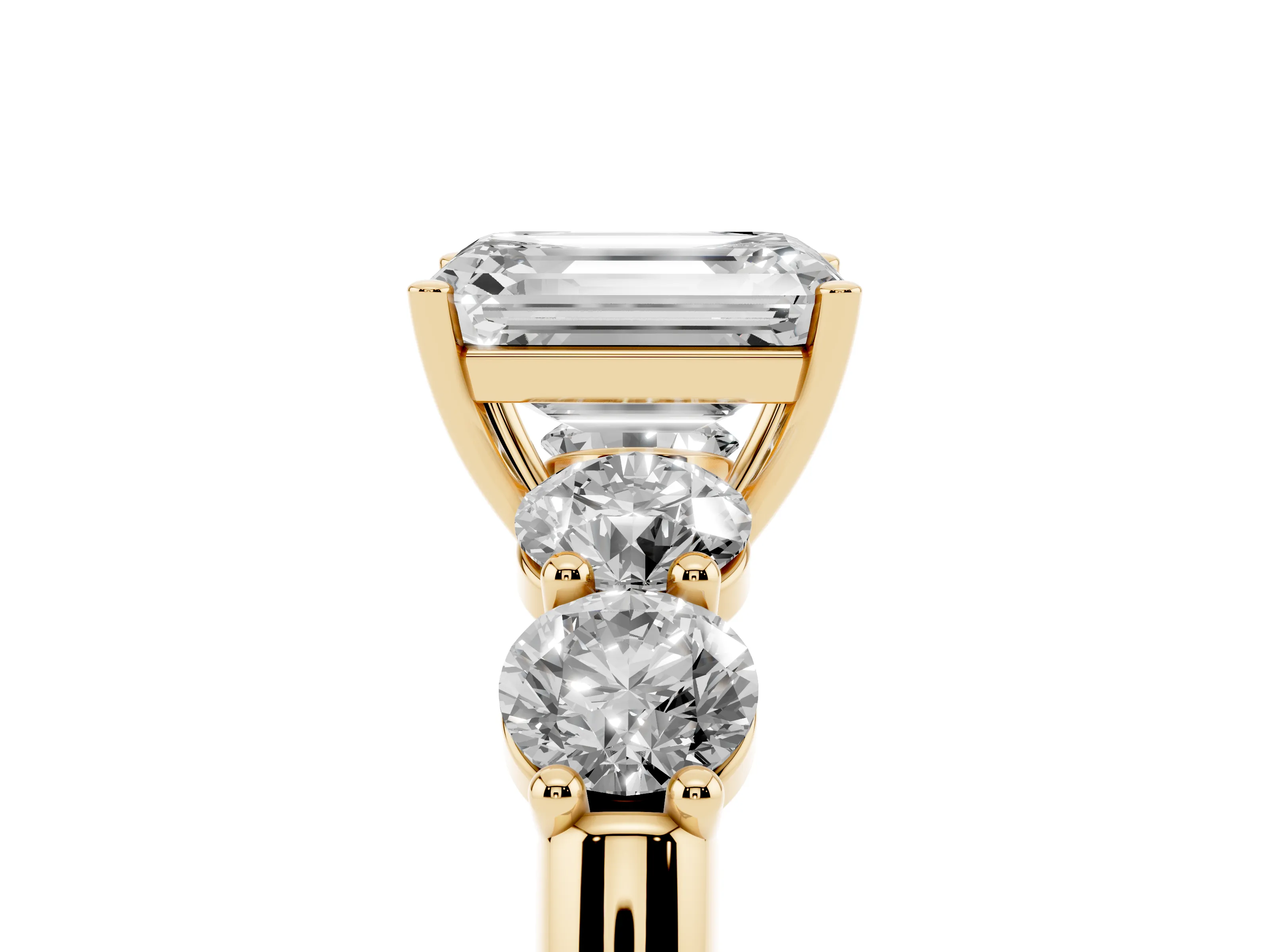 Emerald Cut Diamond Five-Stone Prong Set Ring Set in Yellow gold with Classic Band