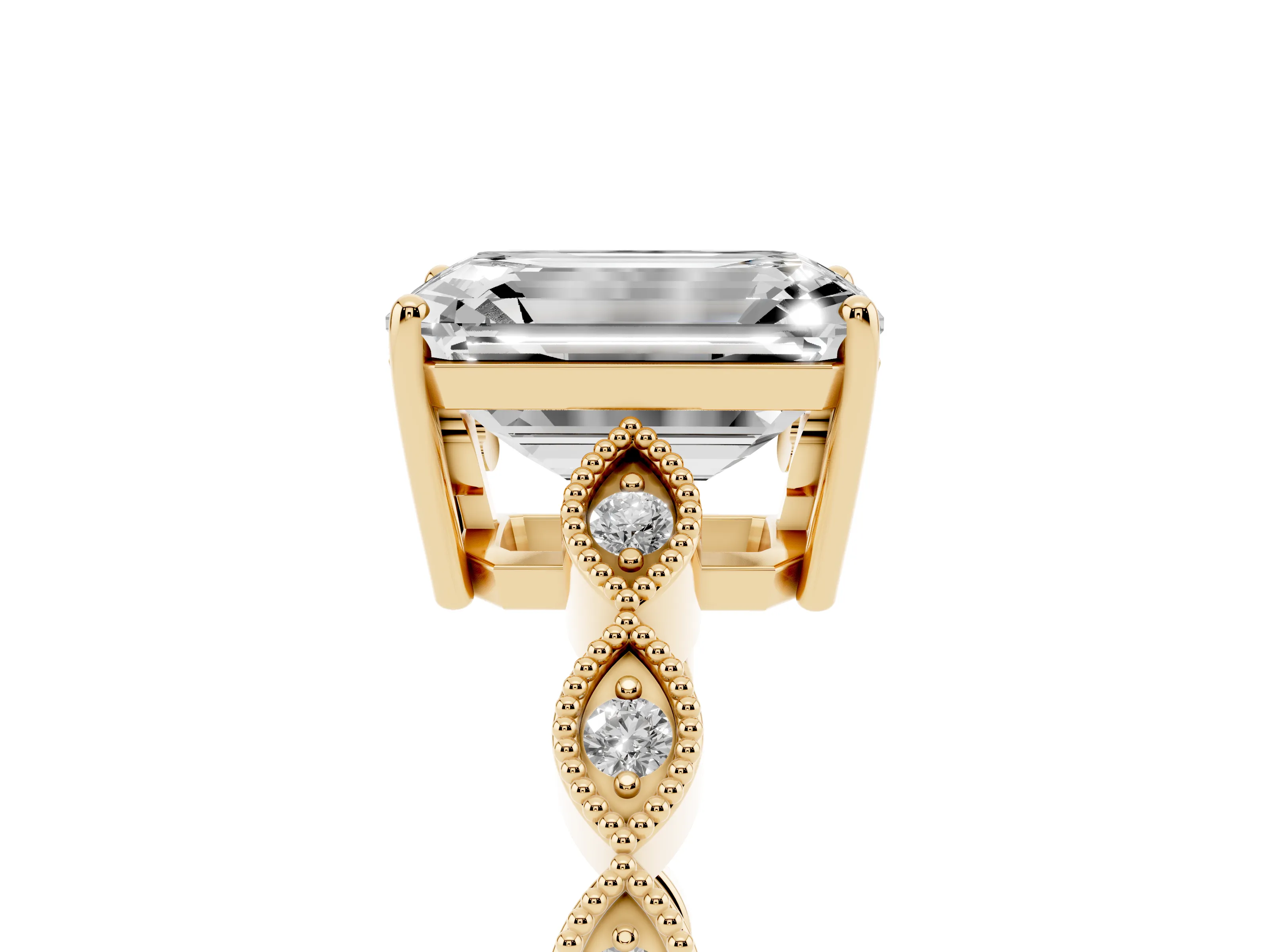 Emerald Cut Diamond Solitaire Ring Set in Yellow gold with Infinity Twist Pavé Band