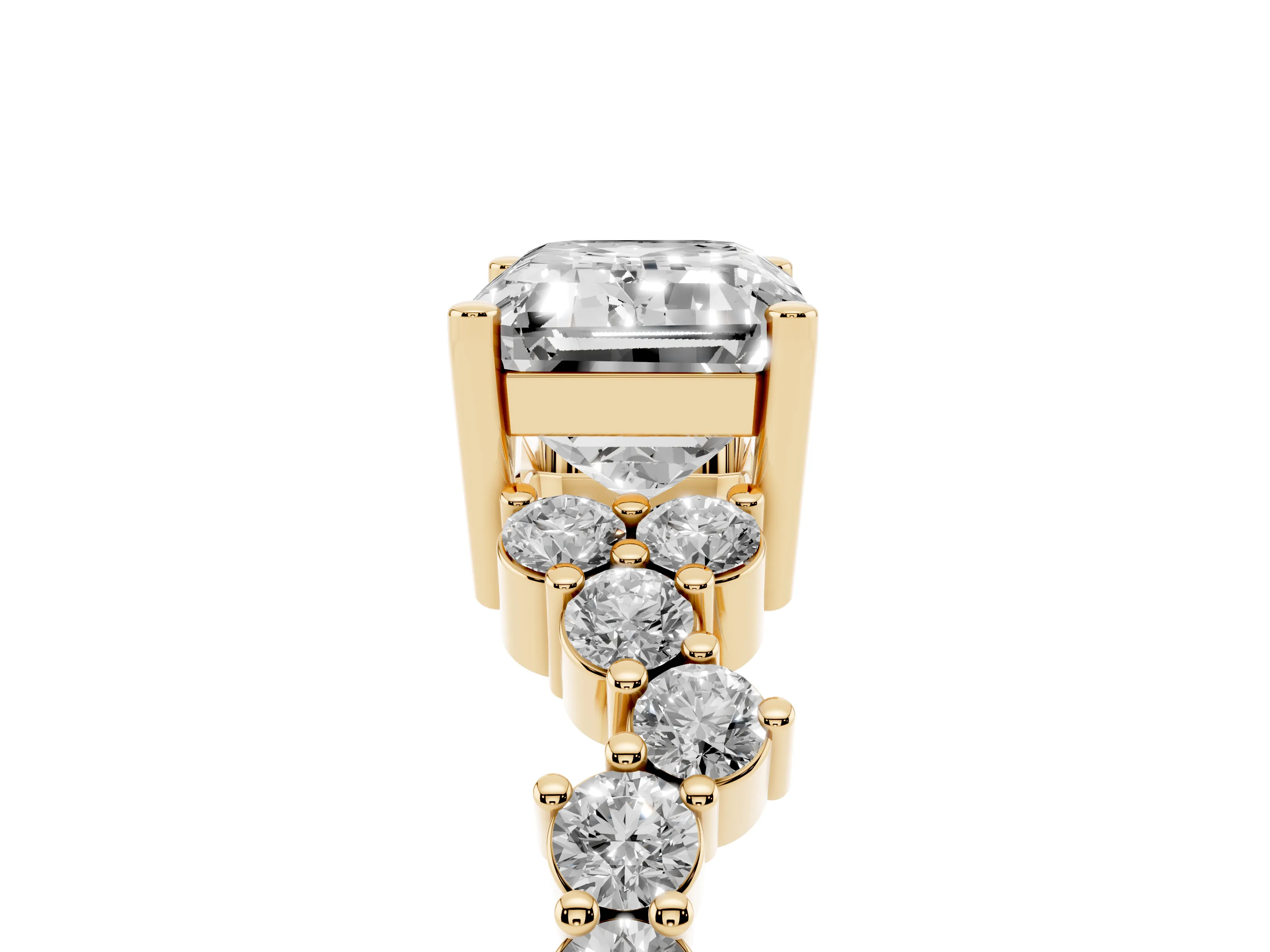Emerald Cut Diamond Ring Set in Yellow gold with Scattered Round Accents