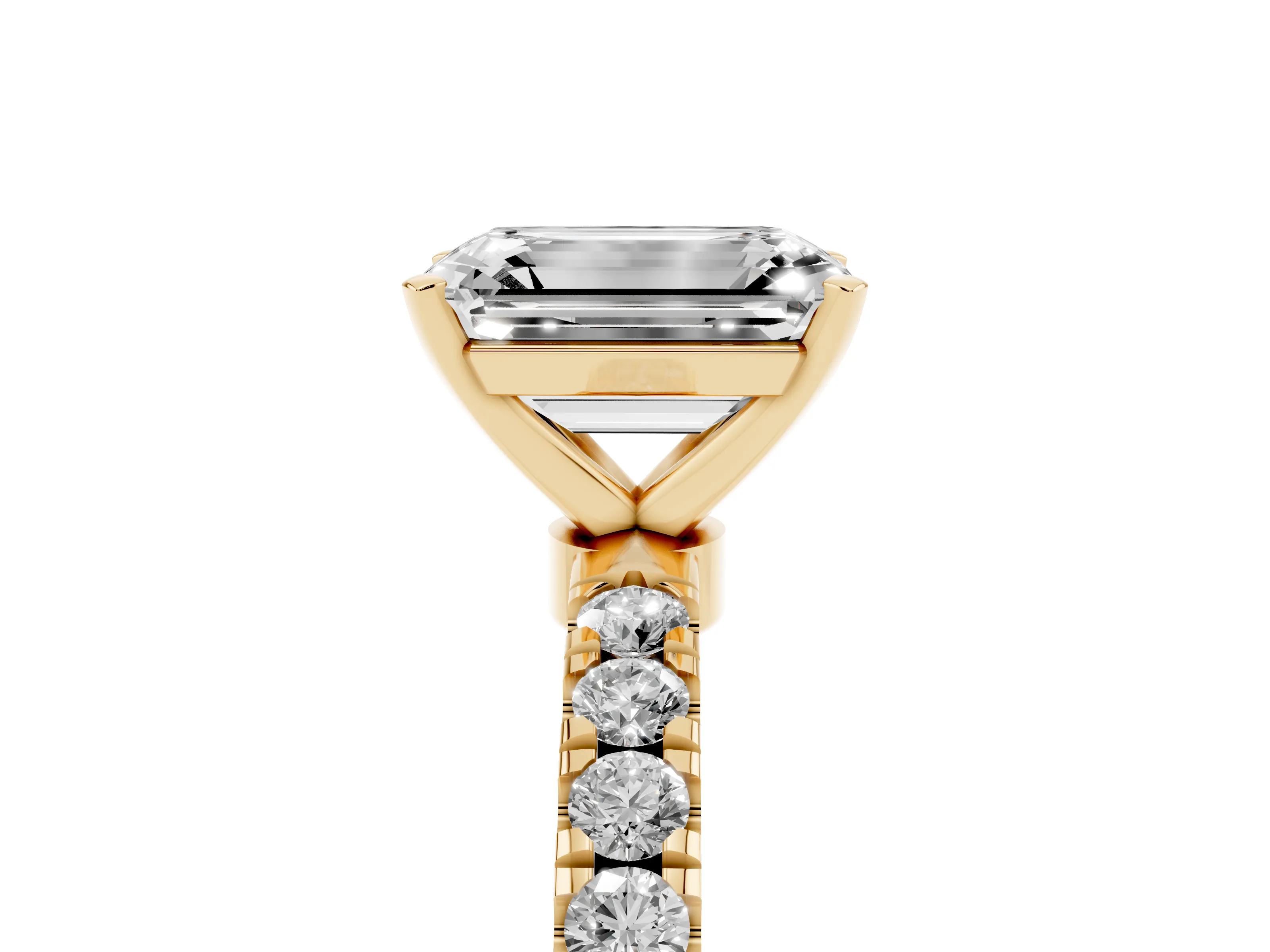 Emerald Cut Diamond Solitaire Ring Set in Yellow gold with Pavé Accents and Prong Setting