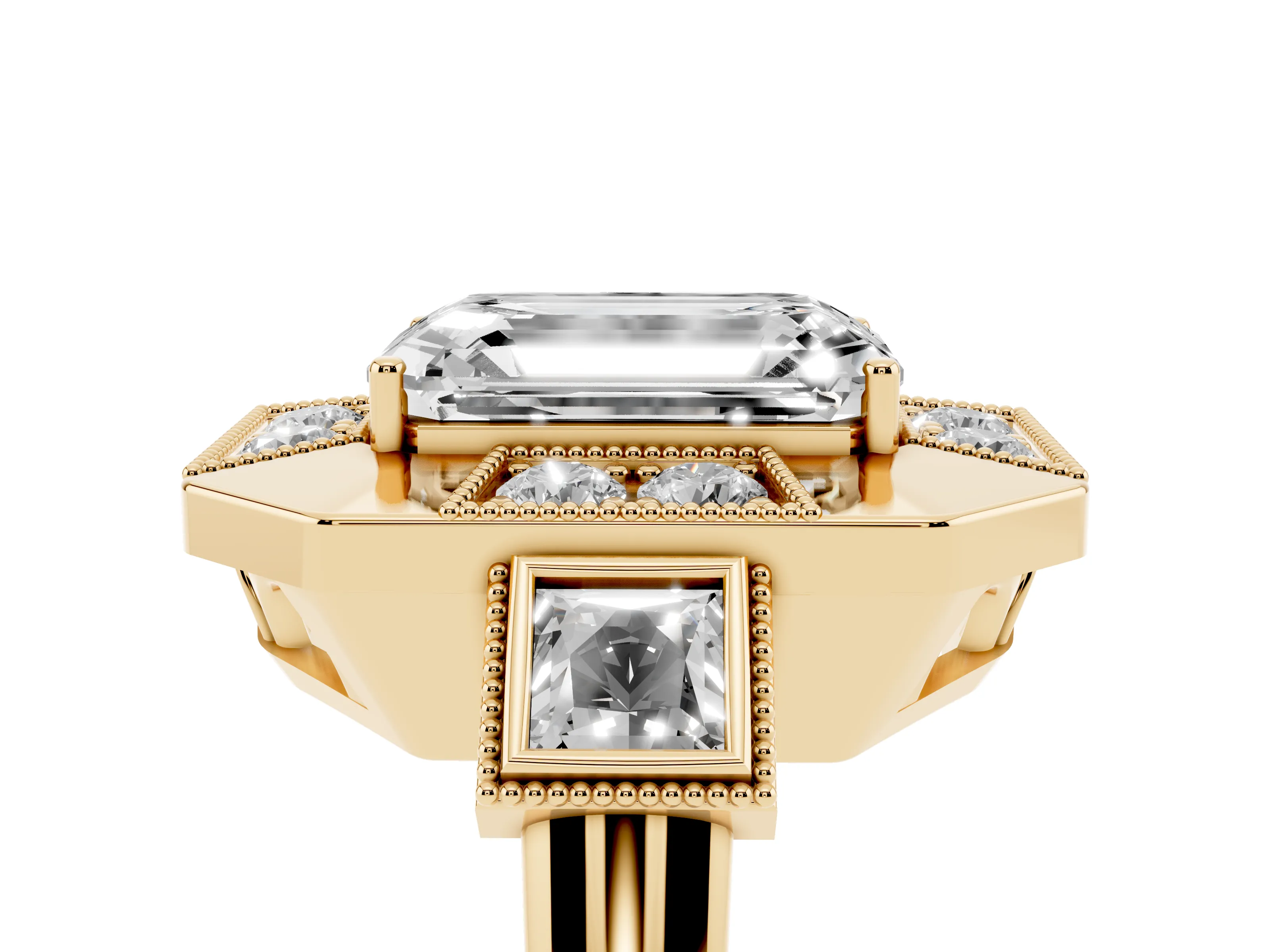 Emerald Cut Diamond Milgrain Halo Ring Set in Yellow gold with Split Shank