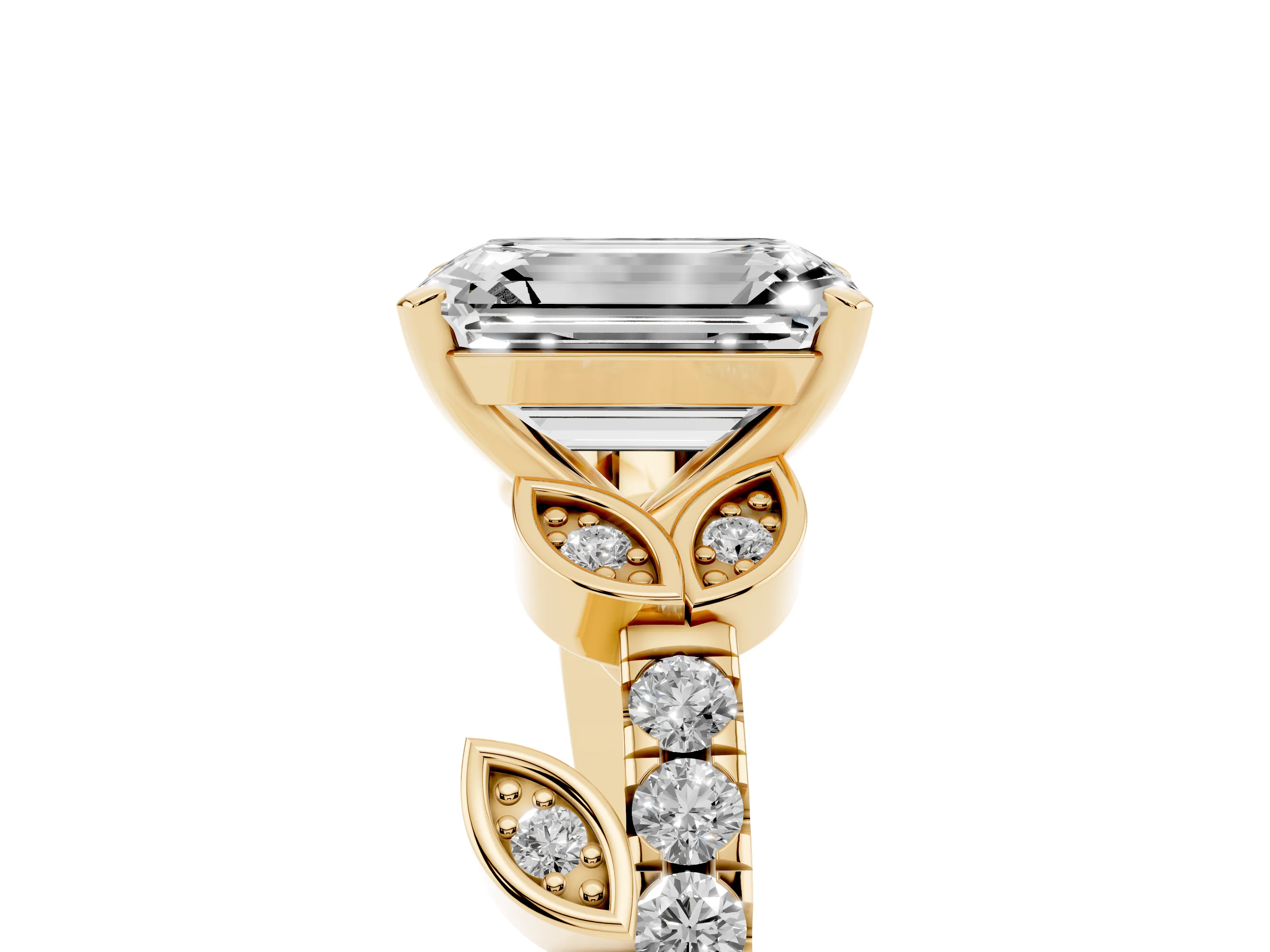 Emerald Cut Diamond Solitaire Leaf-Inspired Ring Set in Yellow gold with Pavé Band and Prong Setting