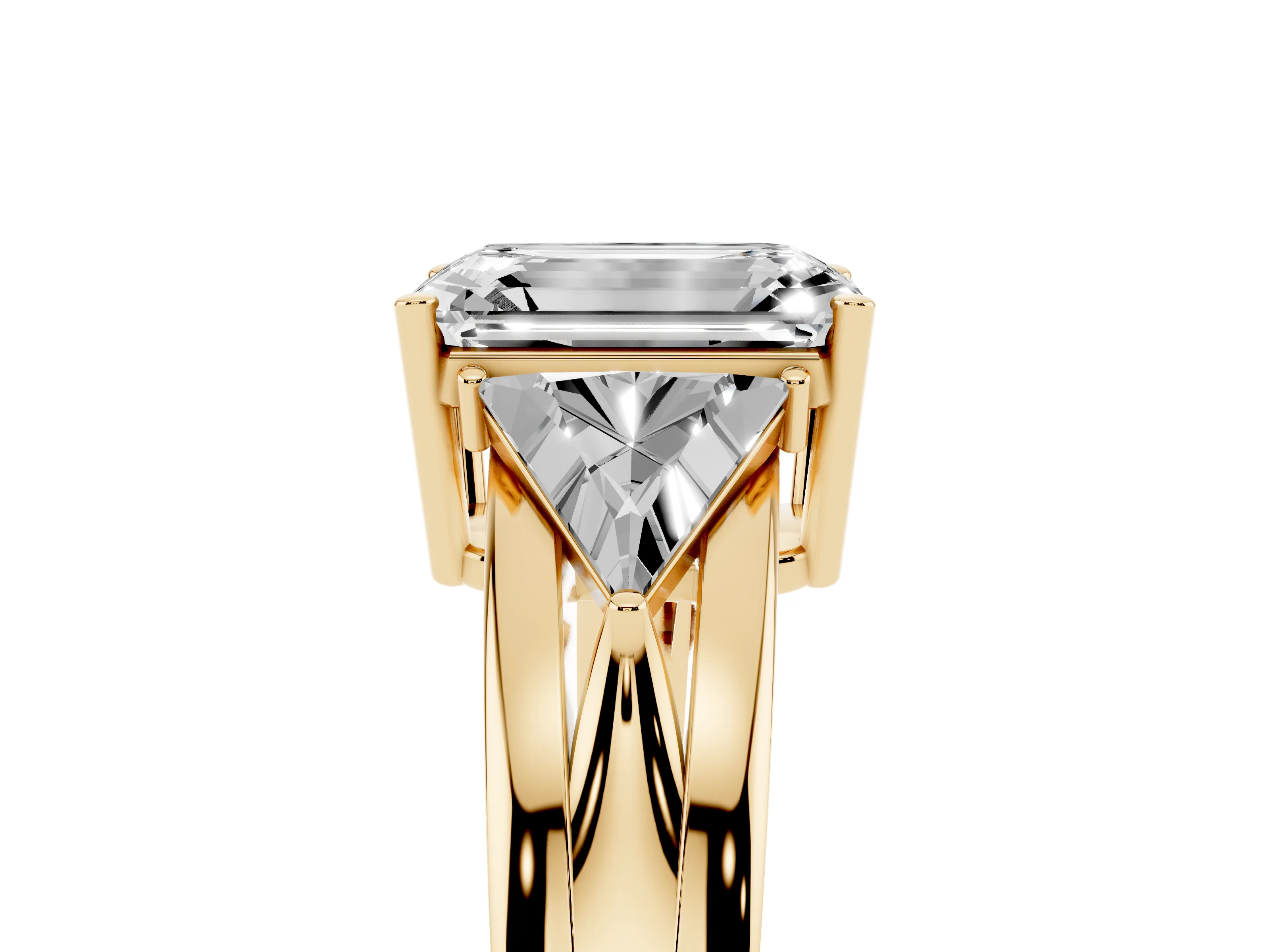 Emerald Cut Diamond Three-Stone Ring Set in Yellow gold with Trillion Side Stones and Split Shank