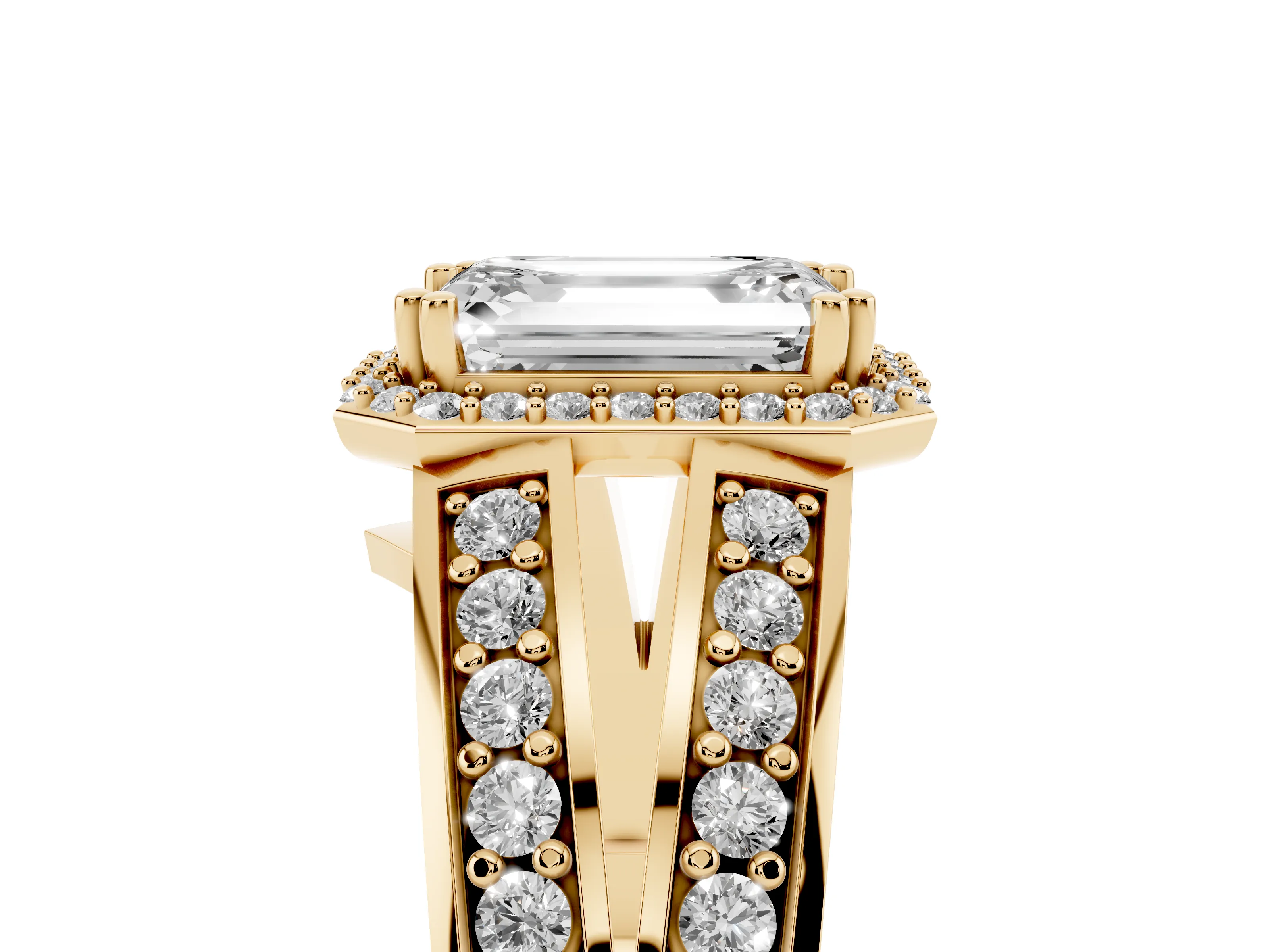 Emerald Cut Diamond Halo Ring Set in Yellow gold with Double Pavé Split Shank