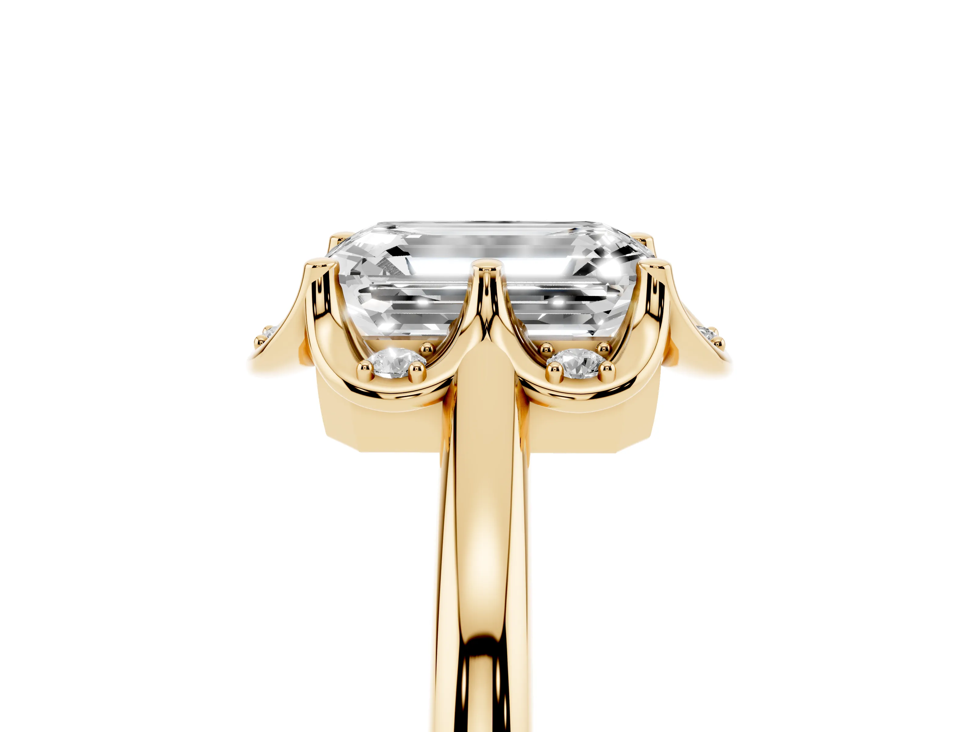 Emerald Cut Diamond Round Cluster Halo Ring Set in Yellow gold with Solitaire Band and Prong Setting