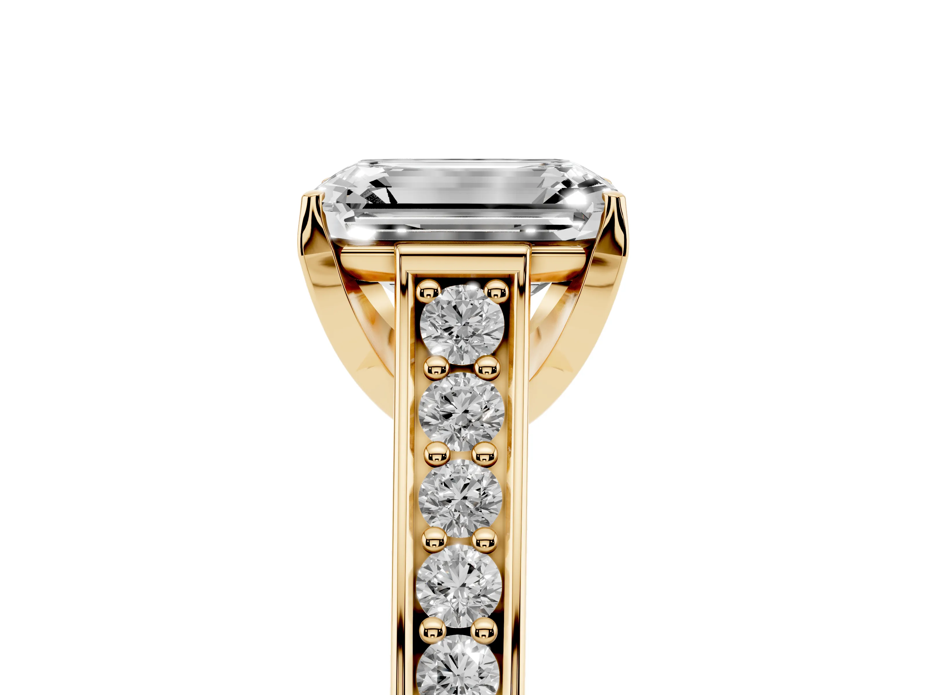 Emerald Cut Diamond Solitaire Pavé Engagement Ring Set in Yellow gold with Prong Setting