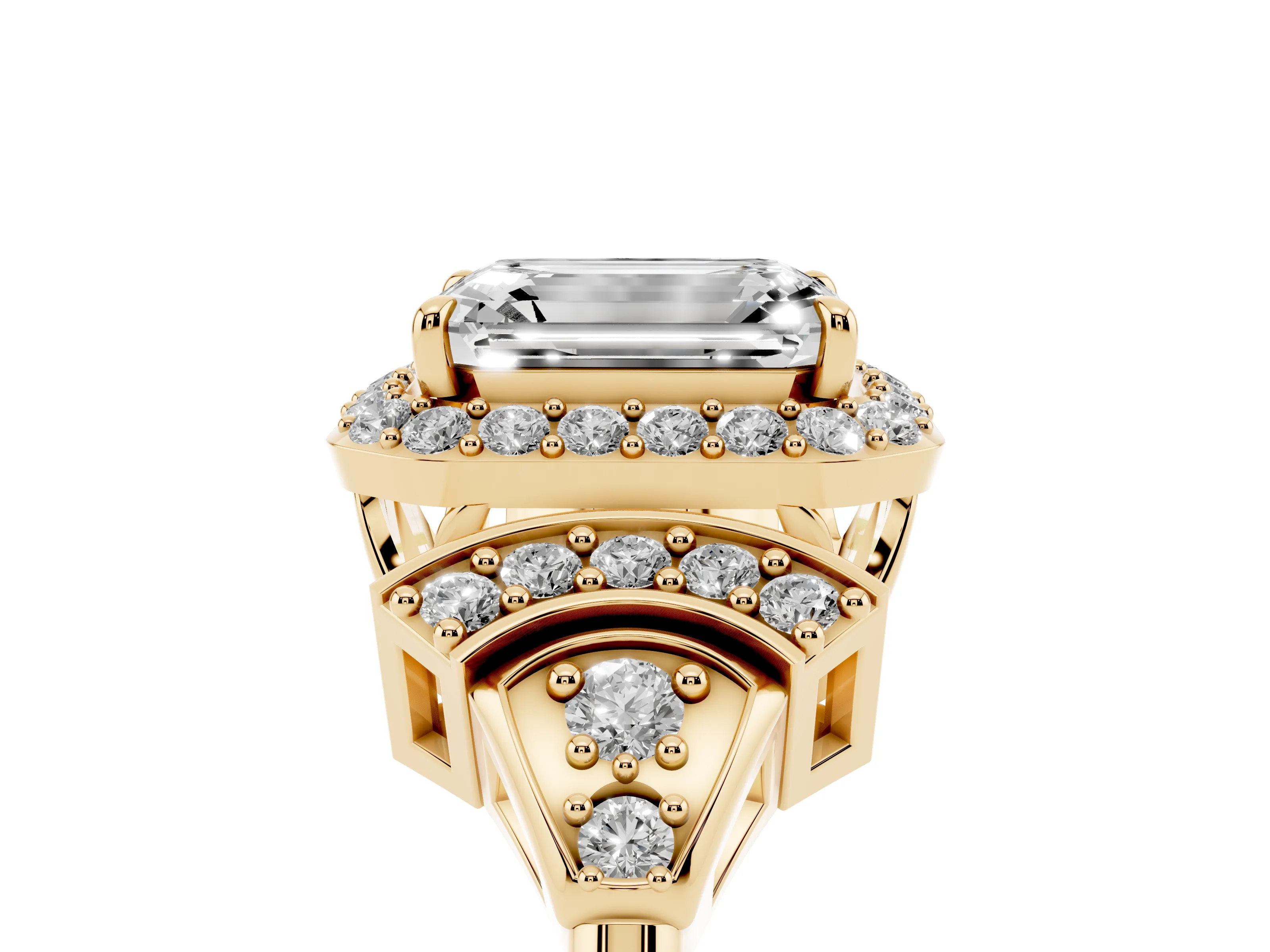 Emerald Cut Diamond Halo Engagement Ring Set in Yellow gold with Accent Stone Split Shank