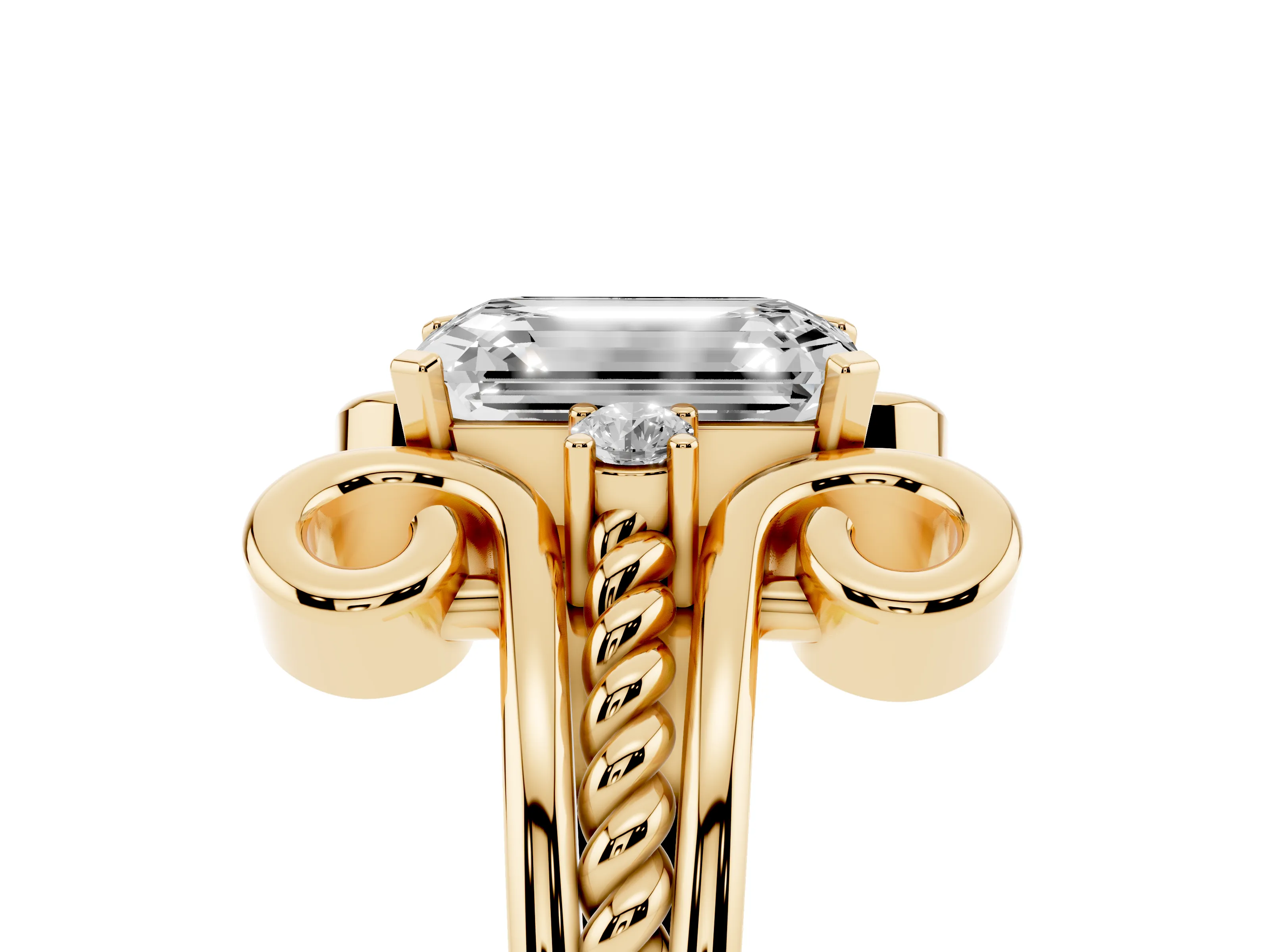 Emerald Cut Diamond Twisted Band Solitaire Ring Set in Yellow gold with Scroll Prongs