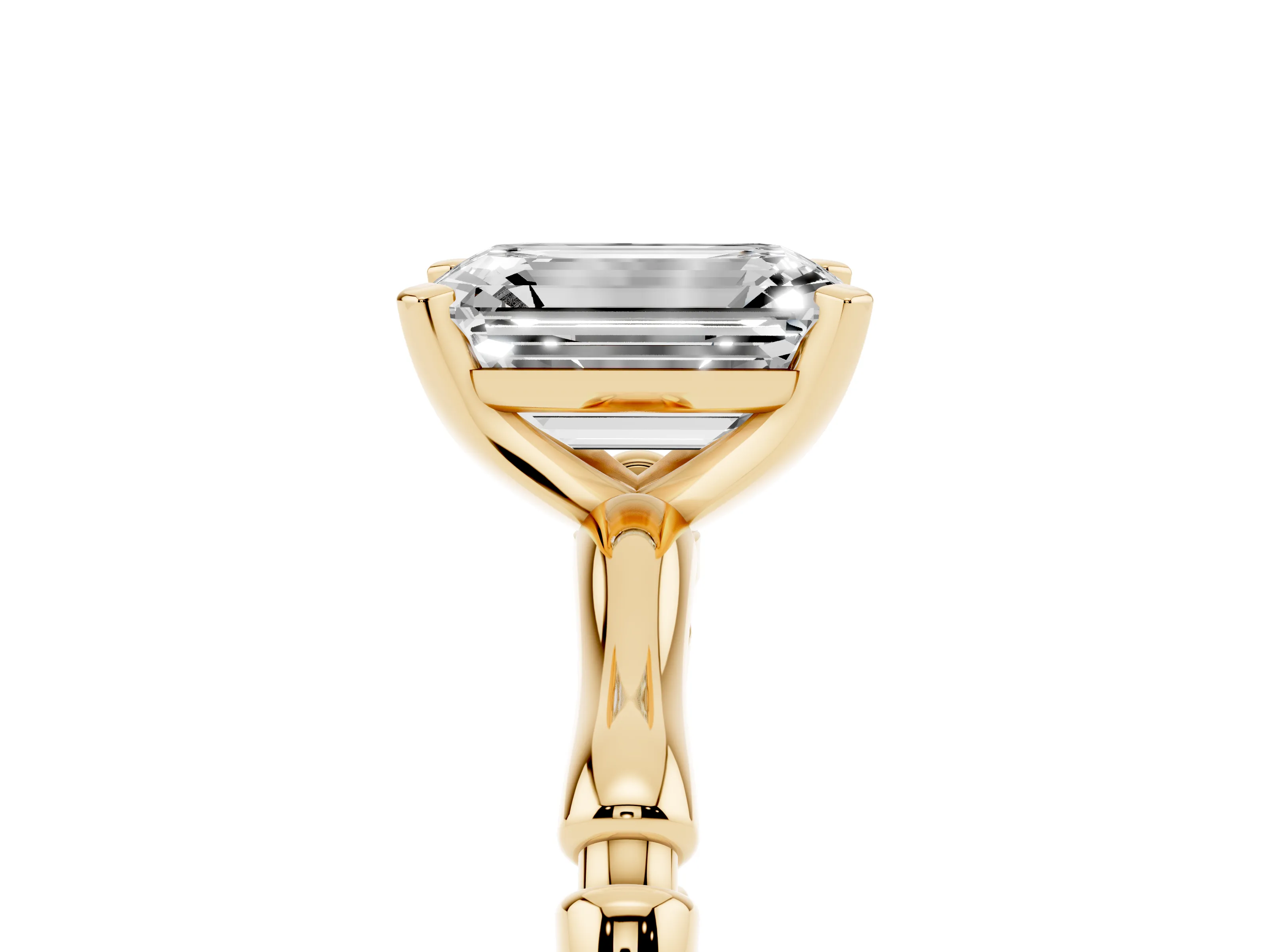 Emerald Cut Diamond Solitaire Ring Set in Yellow gold with Bamboo Band and Prong Setting