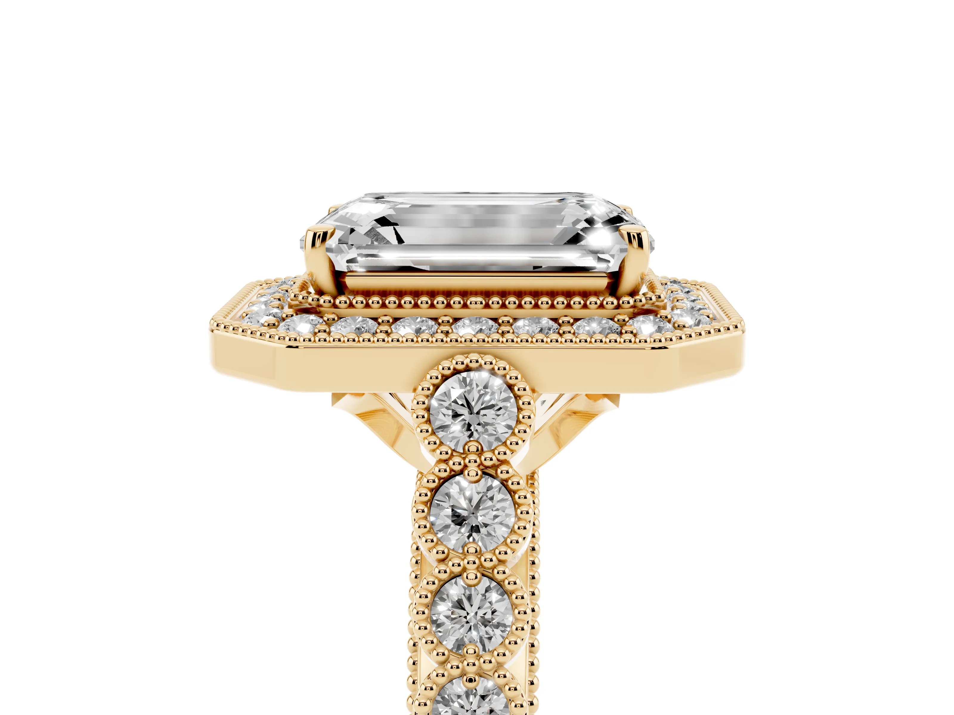 Emerald Cut Diamond Milgrain Halo Solitaire Ring Set in Yellow gold with Bezel Set Side Stones and Pavé Band