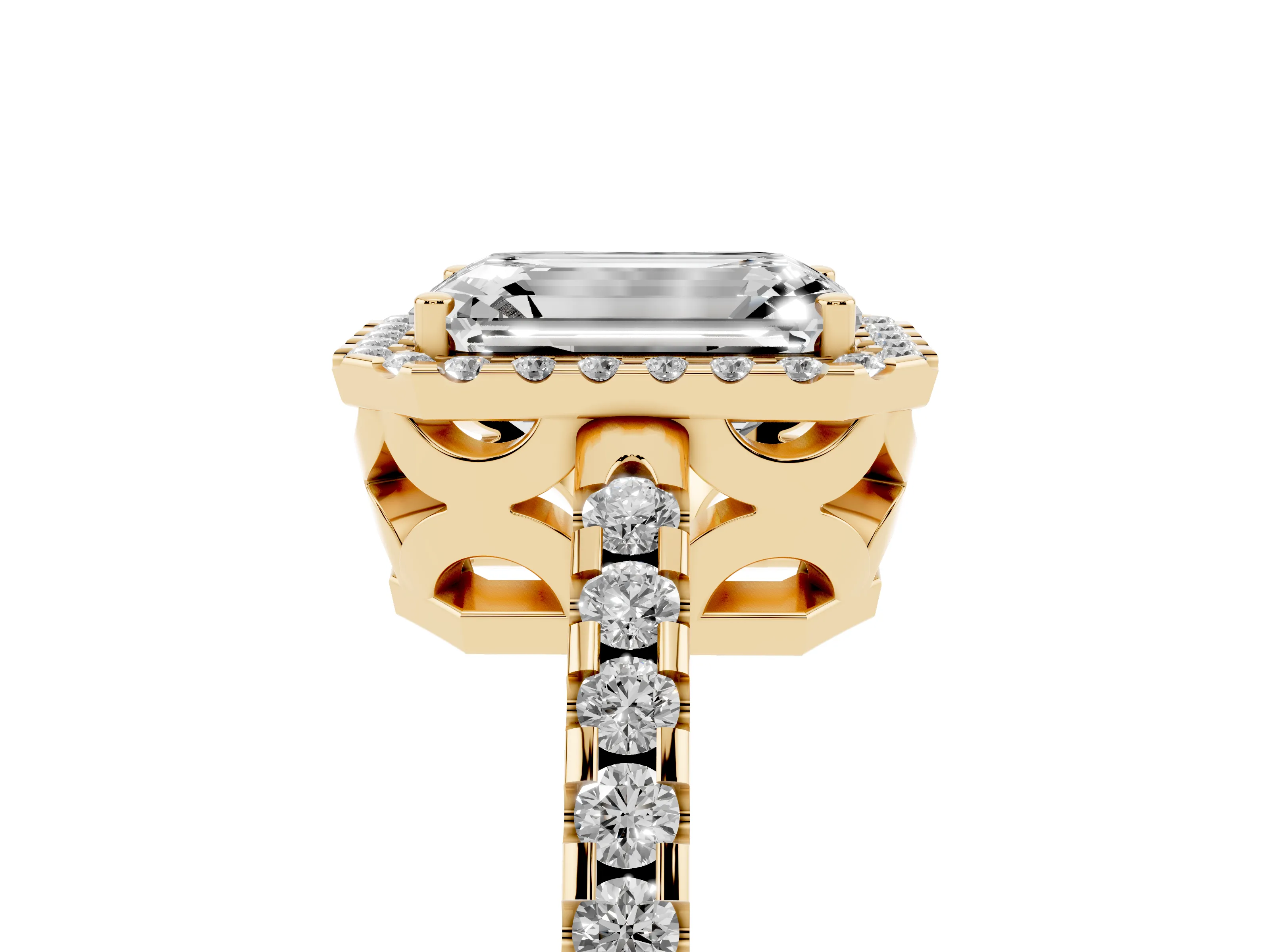 Emerald Cut Diamond Halo Ring Set in Yellow gold with Pavé Shoulders and Halo-Framed Center