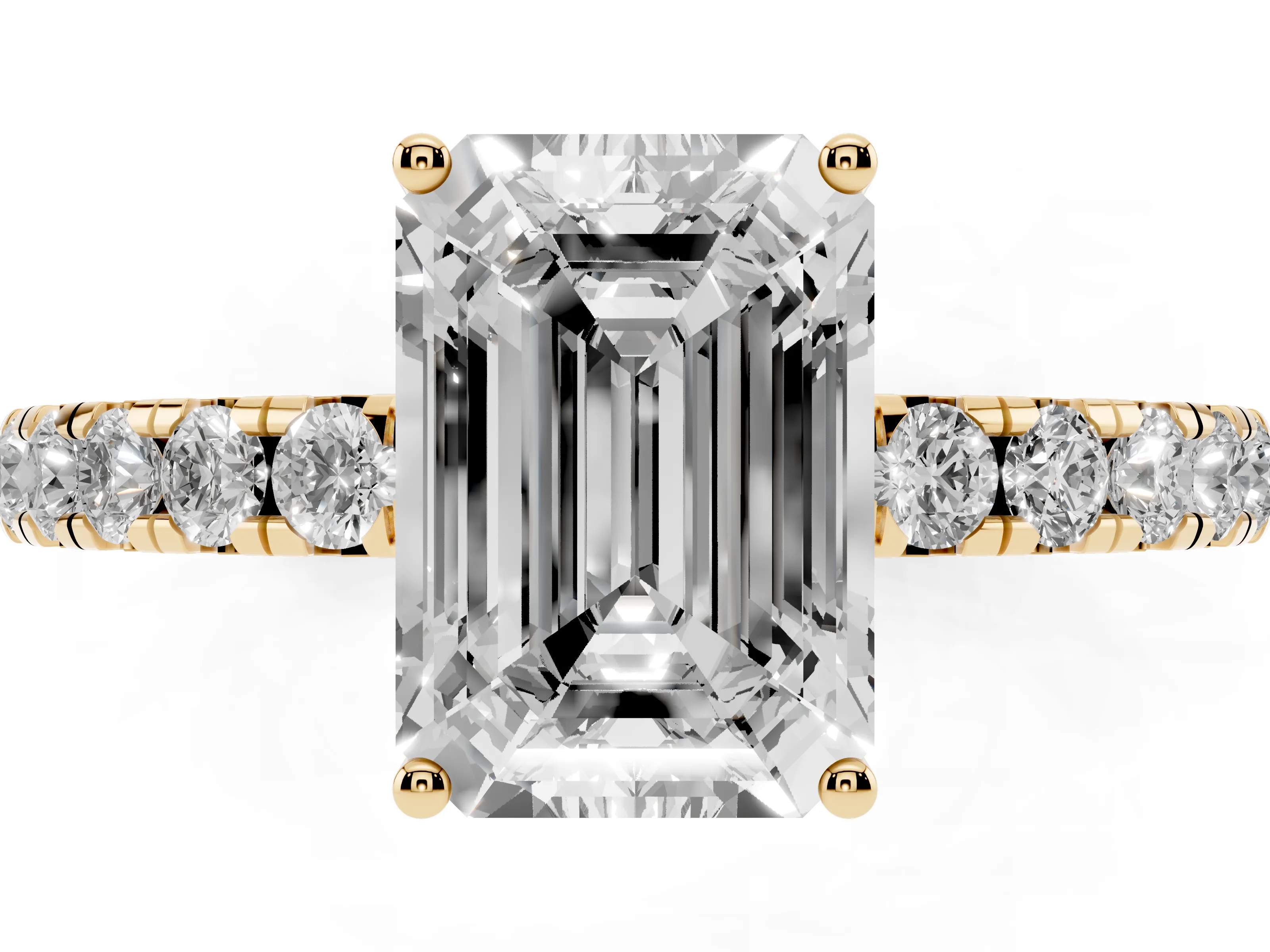 Emerald Cut Diamond Pavé Solitaire Engagement Ring Set in Yellow gold with Prong Setting