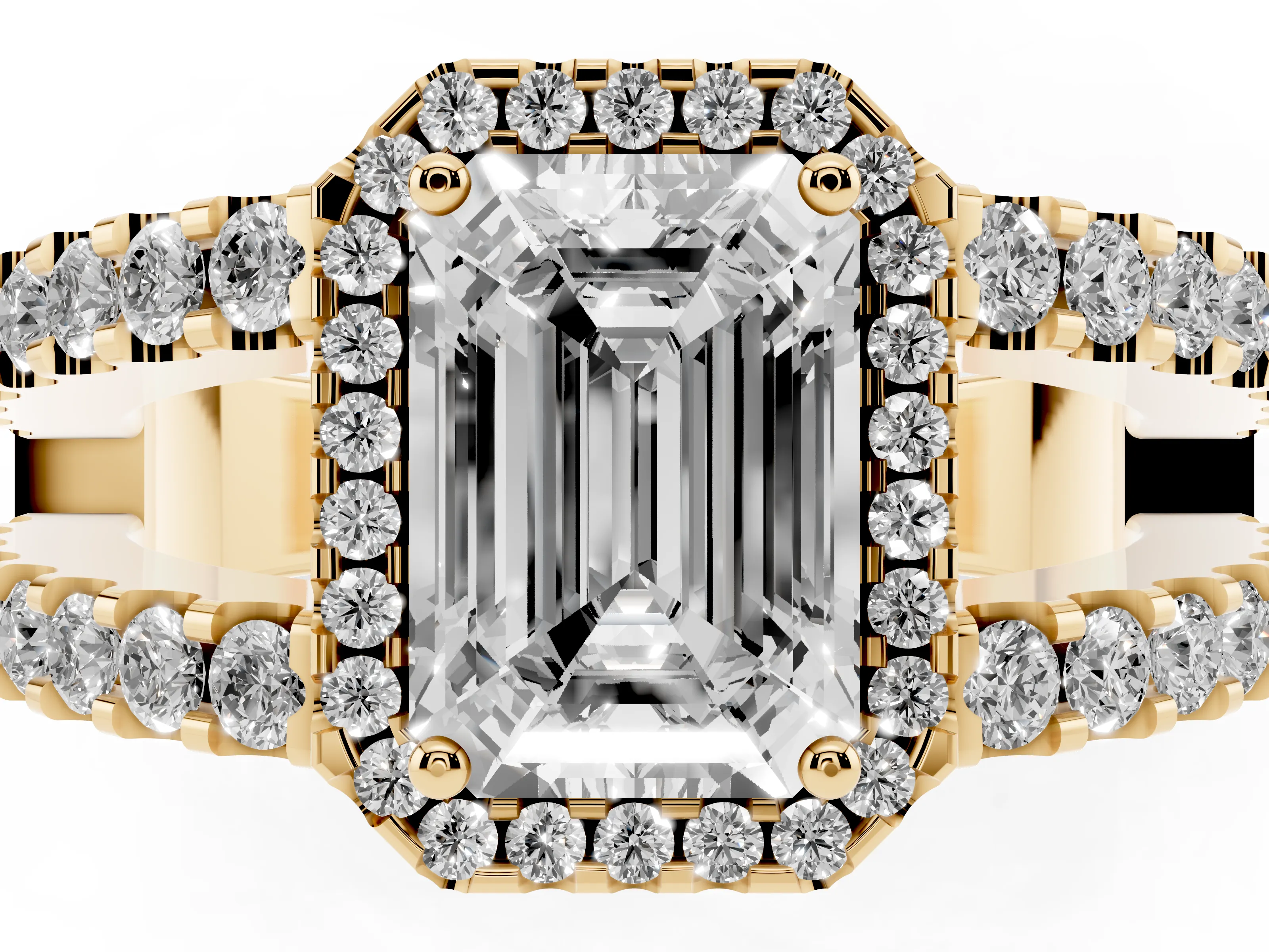 Emerald Cut Diamond Halo Ring Set in Yellow gold with Pavé Split Shank and Prong Setting
