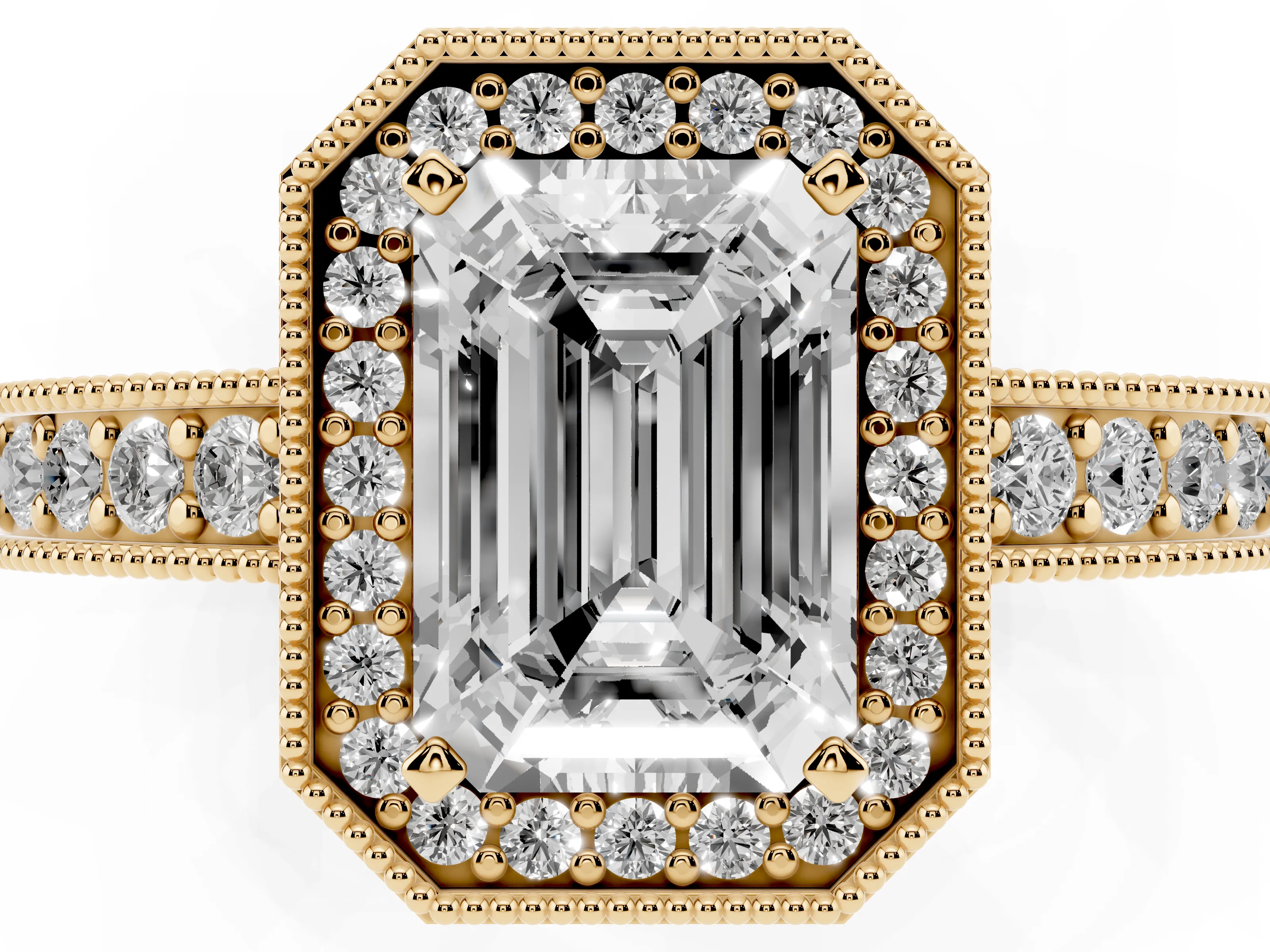 Emerald Cut Diamond Halo Pavé Band Ring Set in Yellow gold with Prong-Set Center