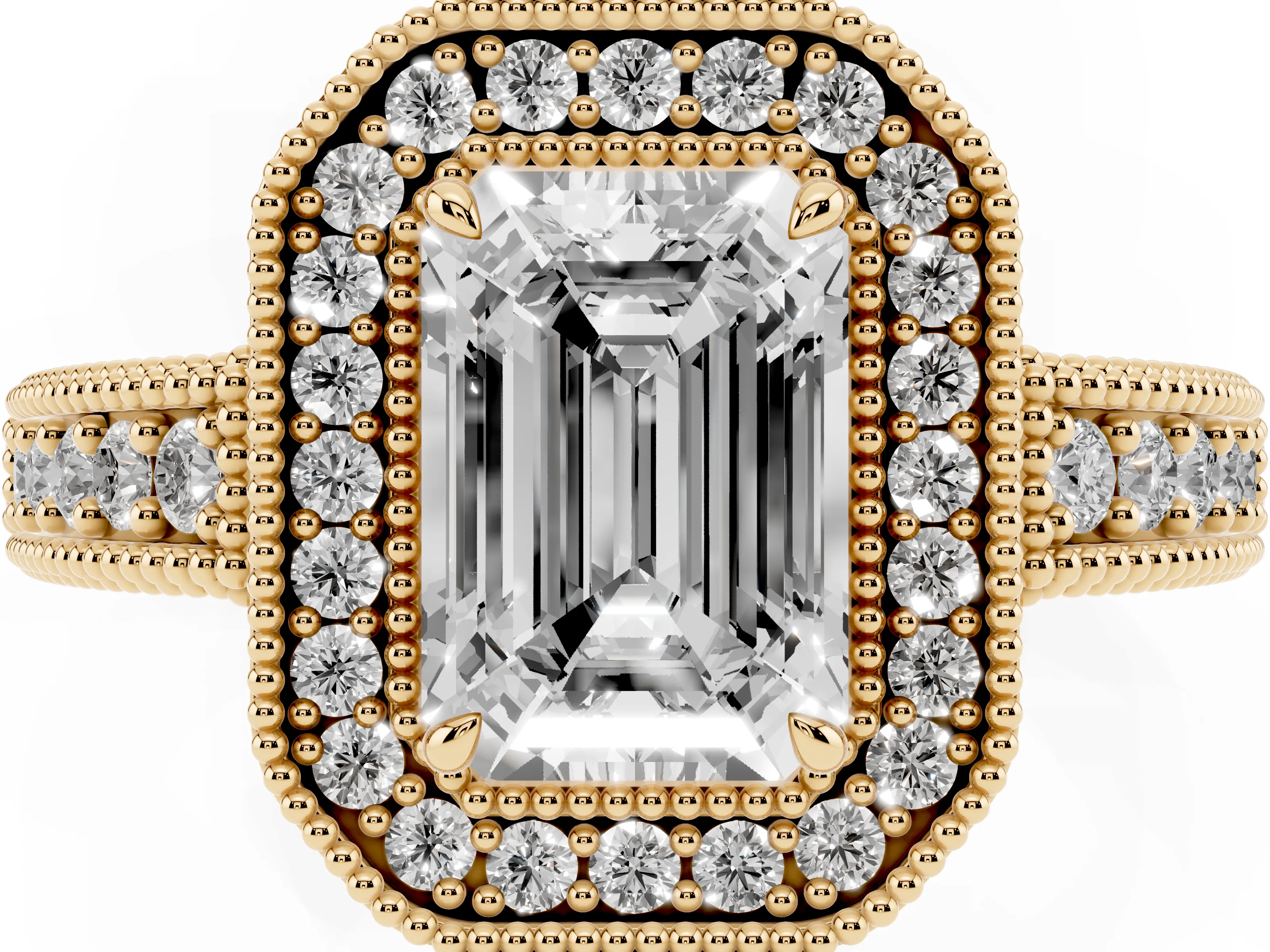 Emerald Cut Diamond Halo Ring Set in Yellow gold with Round Accent Halo, Pavé Band and Prong Setting