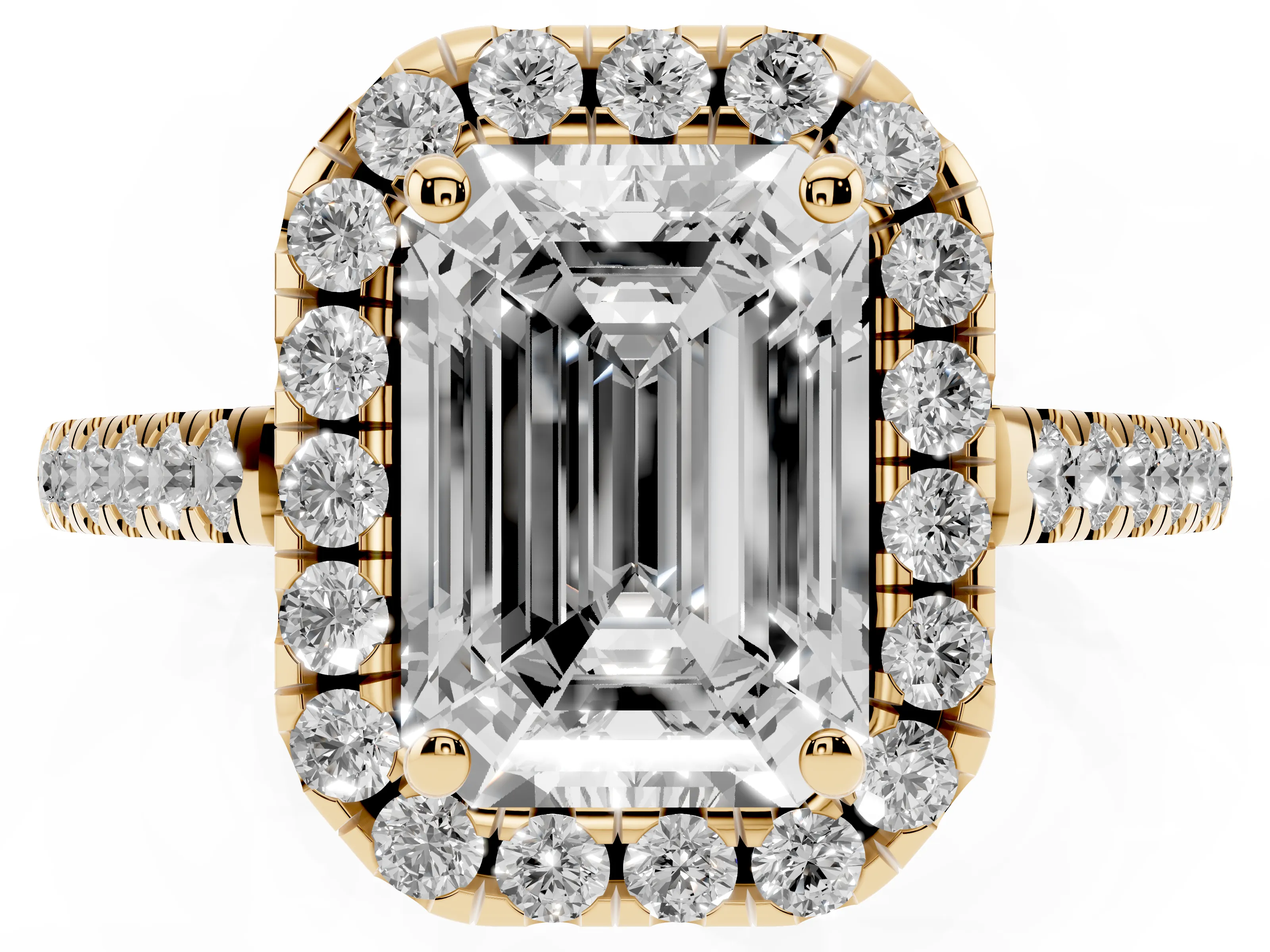 Emerald Cut Diamond Pavé Halo Engagement Ring Set in Yellow gold with Pavé Band and Prong Setting