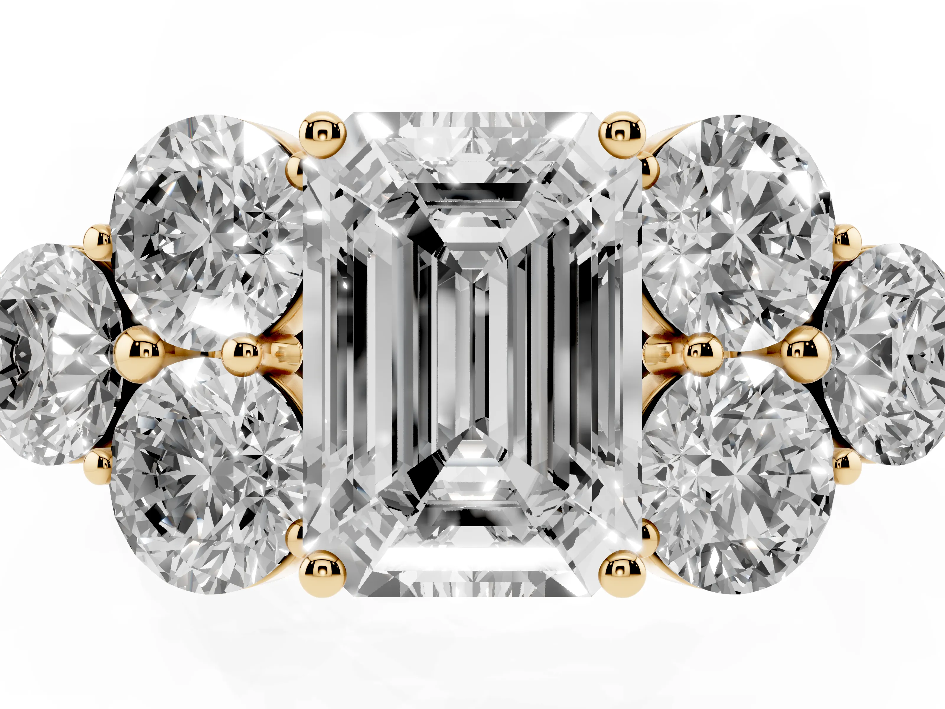 Emerald Cut Diamond Cluster Ring Set in Yellow gold with Round Accent Stones and Prong Setting on a Plain Band