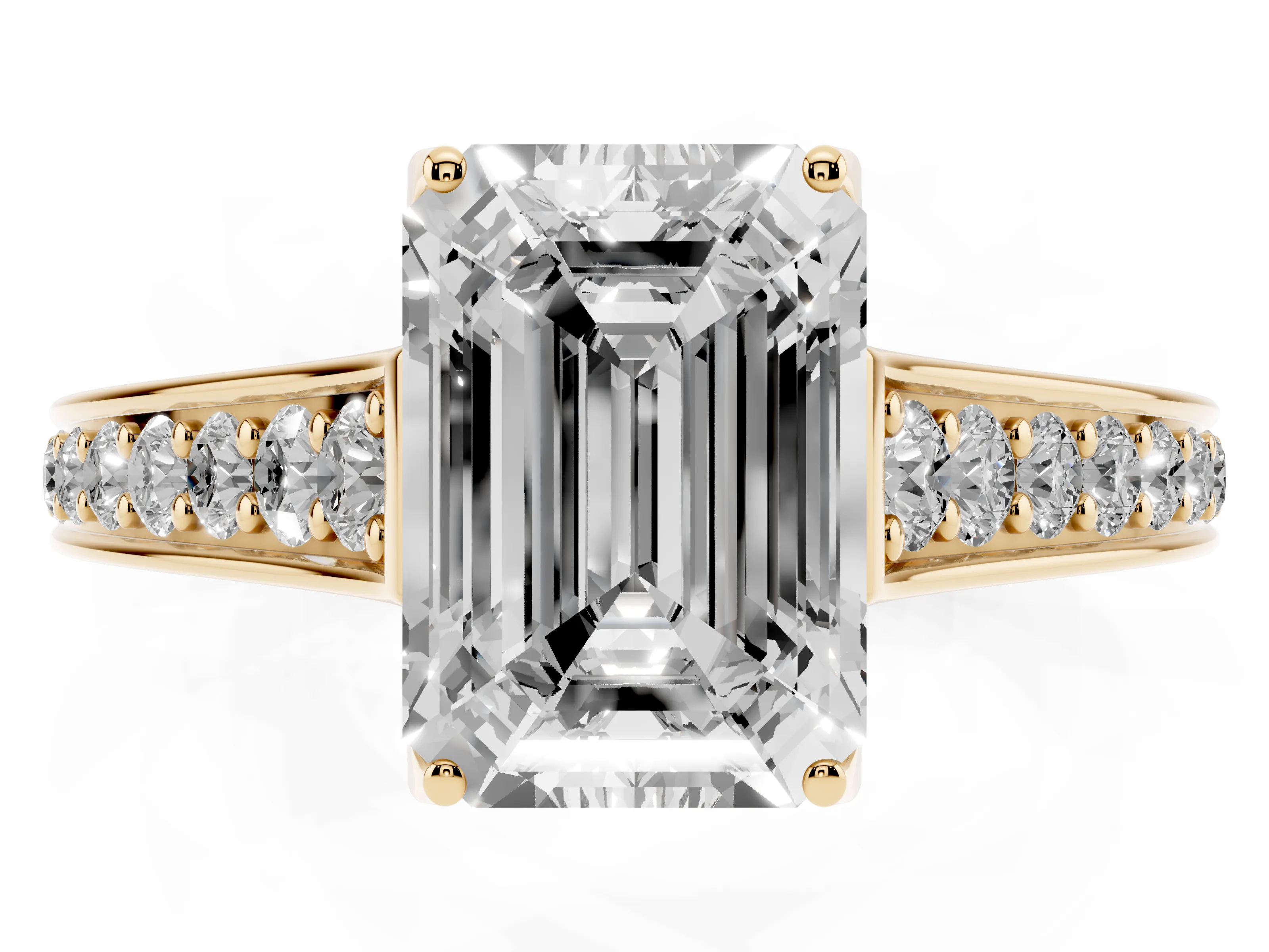 Emerald Cut Diamond Solitaire Pavé Engagement Ring Set in Yellow gold with Prong Setting