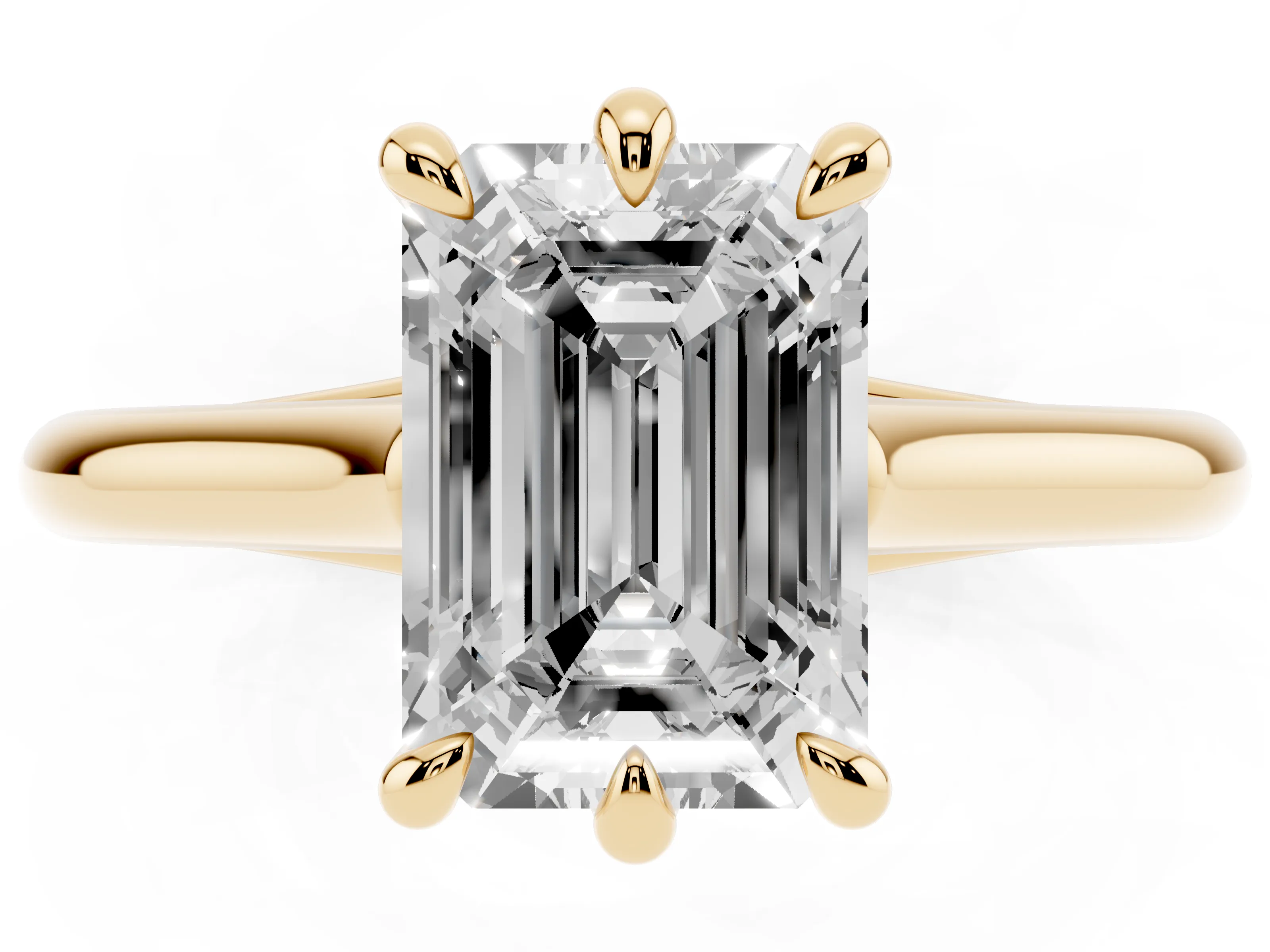 Emerald Cut Diamond Solitaire Engagement Ring Set in Yellow gold with Prong Setting and Plain Classic Band