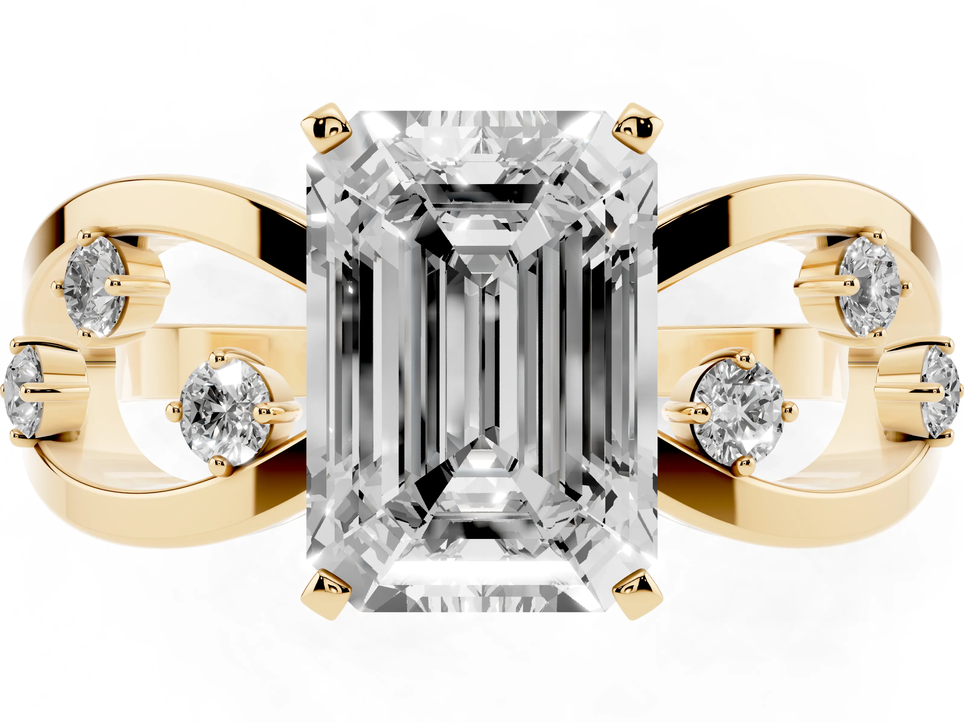 Emerald Cut Diamond Solitaire Ring Set in Yellow gold with Side Stones on Criss-Cross Band and Prong Setting
