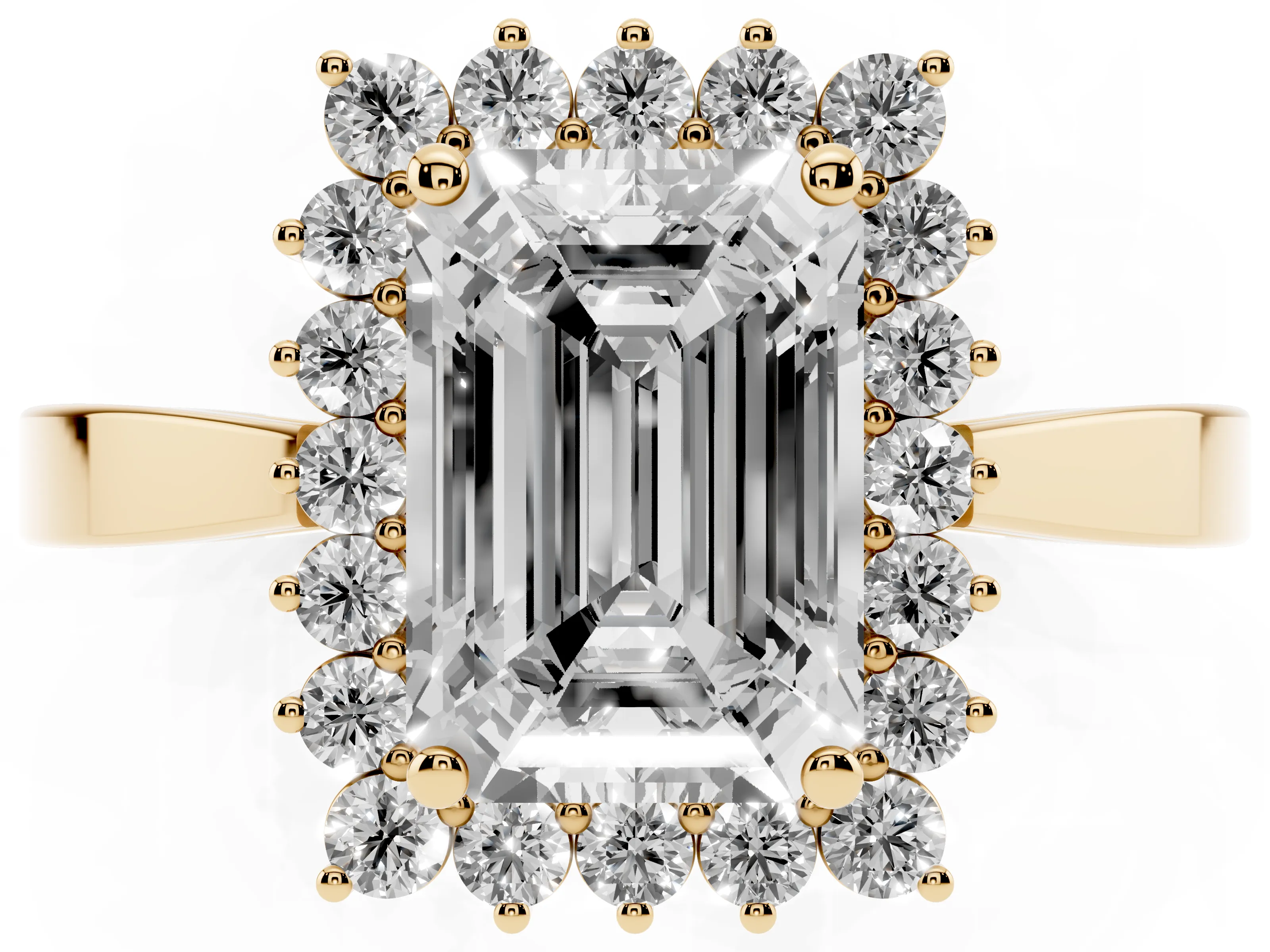 Emerald Cut Diamond Halo Ring Set in Yellow gold with Round Halo and Smooth Solitaire Band