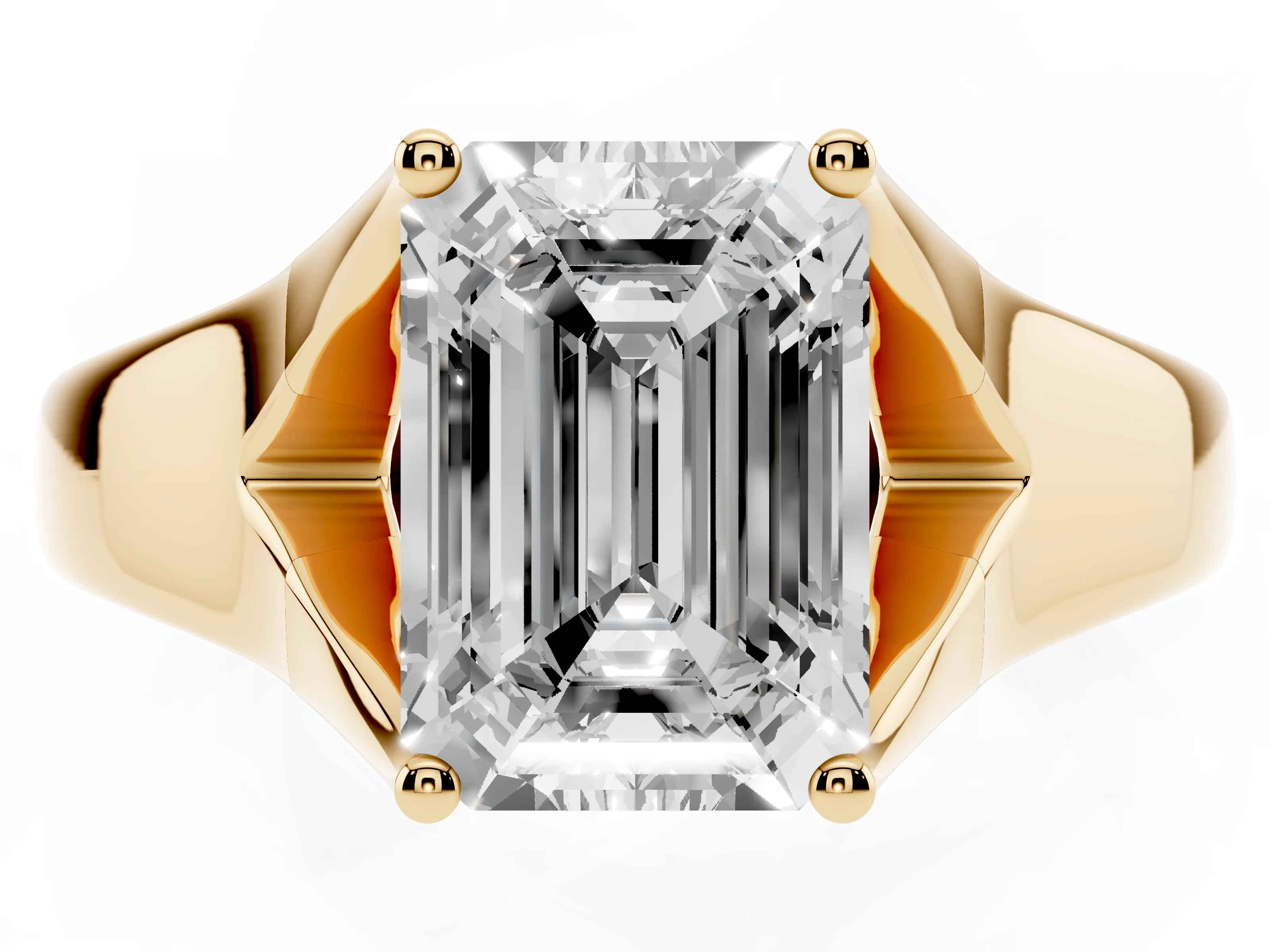 Emerald Cut Diamond Solitaire Ring Set in Yellow gold with Arched Cathedral Band and Prong Setting